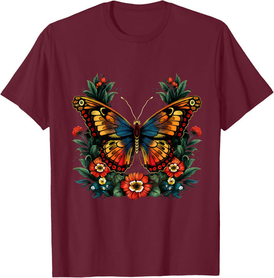 Butterfly Flower Artwork Floral Animal Art Nature Wildlife T-Shirt - T-Shirt | Maroon