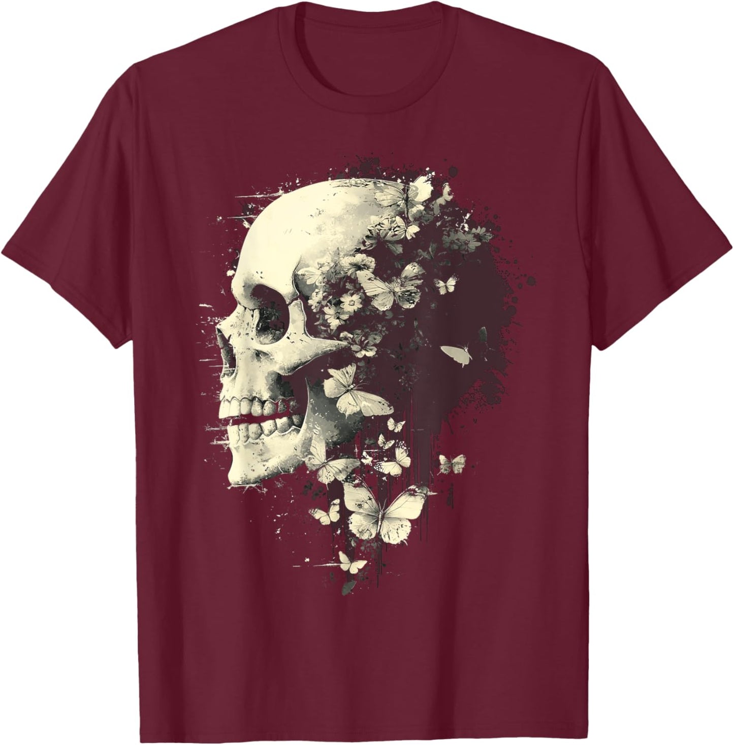 Trendy Grungecore Skull Fairy Flowers Gothic Emo Y2K 2000s T-Shirt - T-Shirt | Maroon