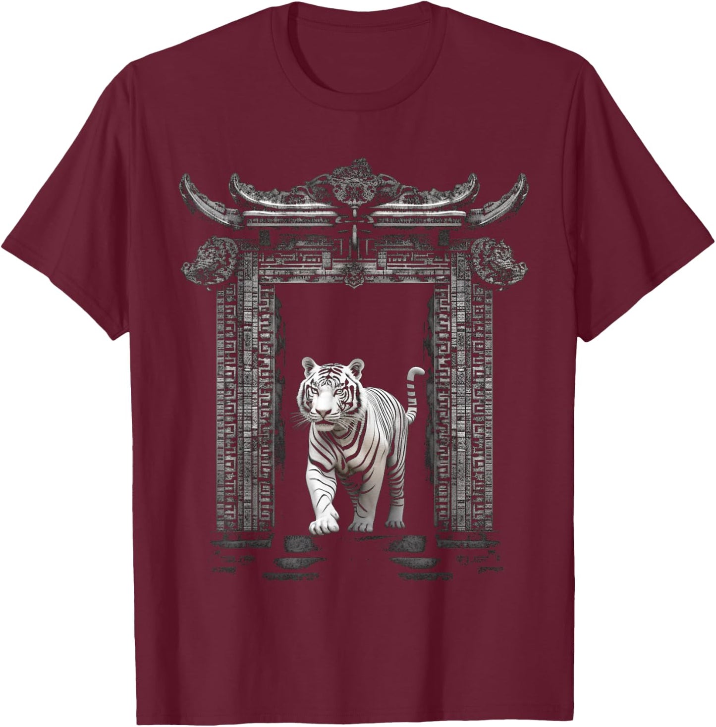 White Tiger Architecture - Animal Art Zoo Motif Tiger T-Shirt - T-Shirt | Maroon
