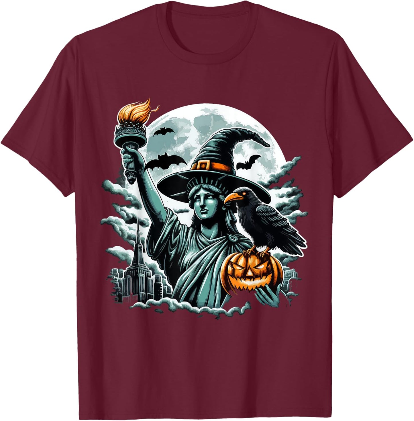 Statue of Liberty Witch Hat Halloween Spooky Feminist Funny T-Shirt - T-Shirt | Maroon
