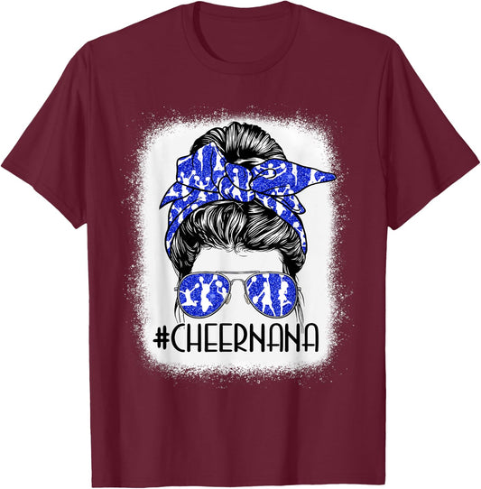 Messy Bun Cheer Nana Cheerleader Mom Mothers Day Woman T-Shirt - T-Shirt | Maroon