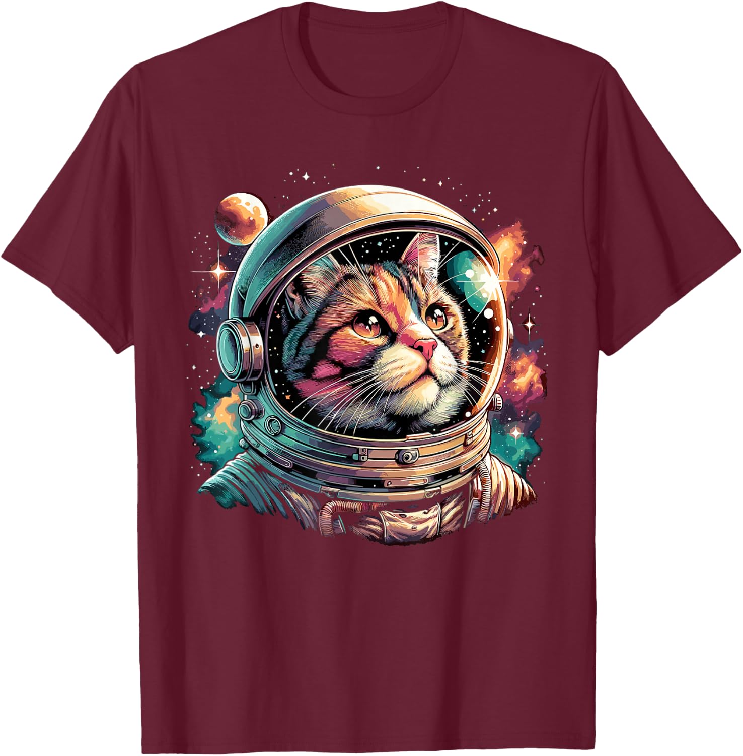 Galaxy Astronaut Cat Space T-Shirt - T-Shirt | Maroon