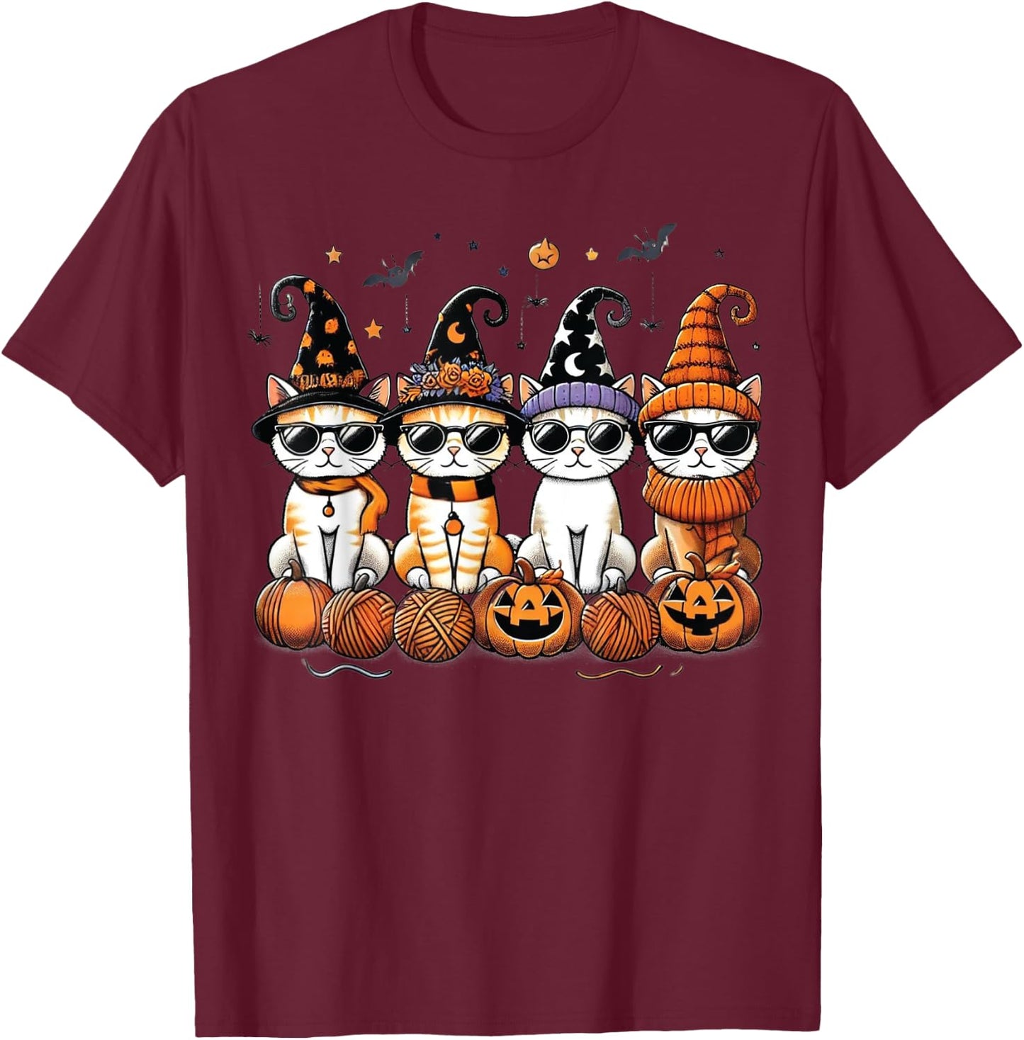 Cute Cats Witch Hat Funny Halloween Pumpkin Women Girls T-Shirt - T-Shirt | Maroon