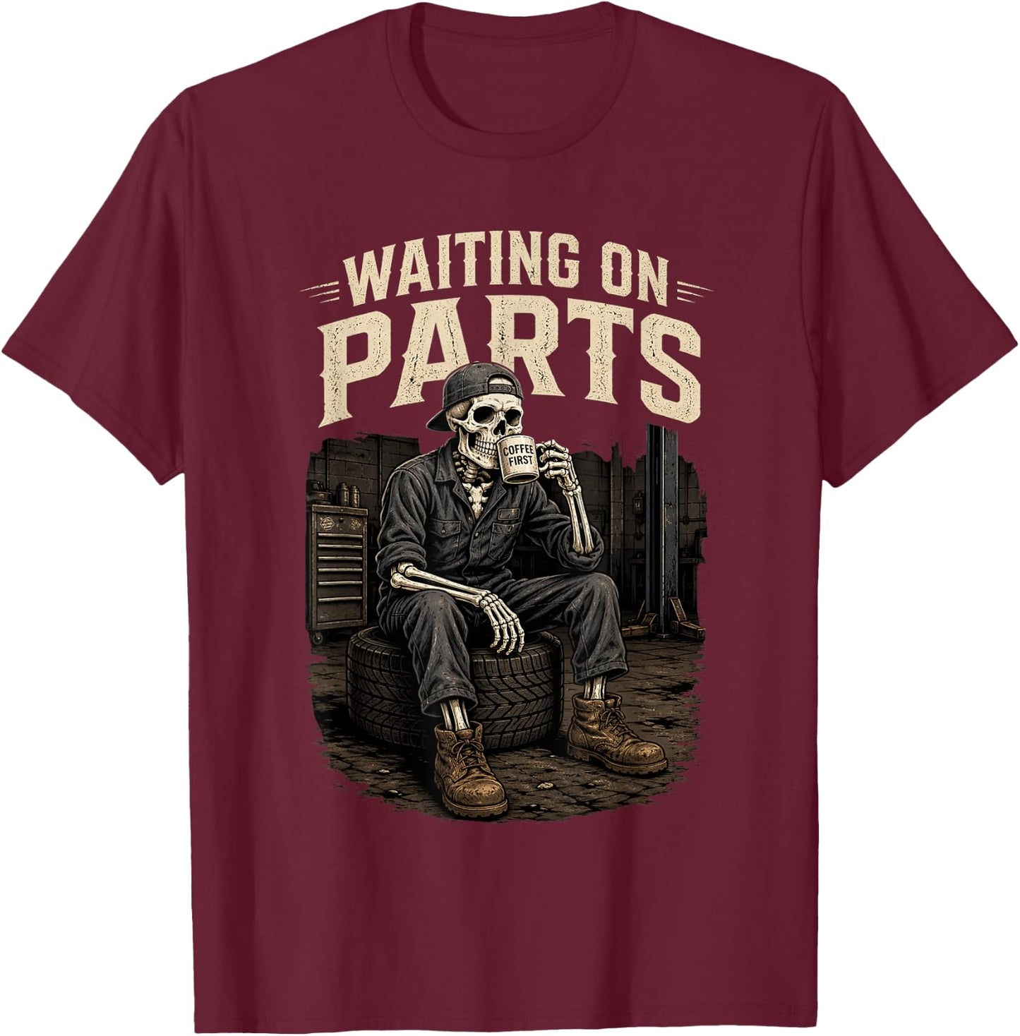Mechanic Shirt Auto Repair Waiting on Parts Distressed T-Shirt - T-Shirt | Maroon