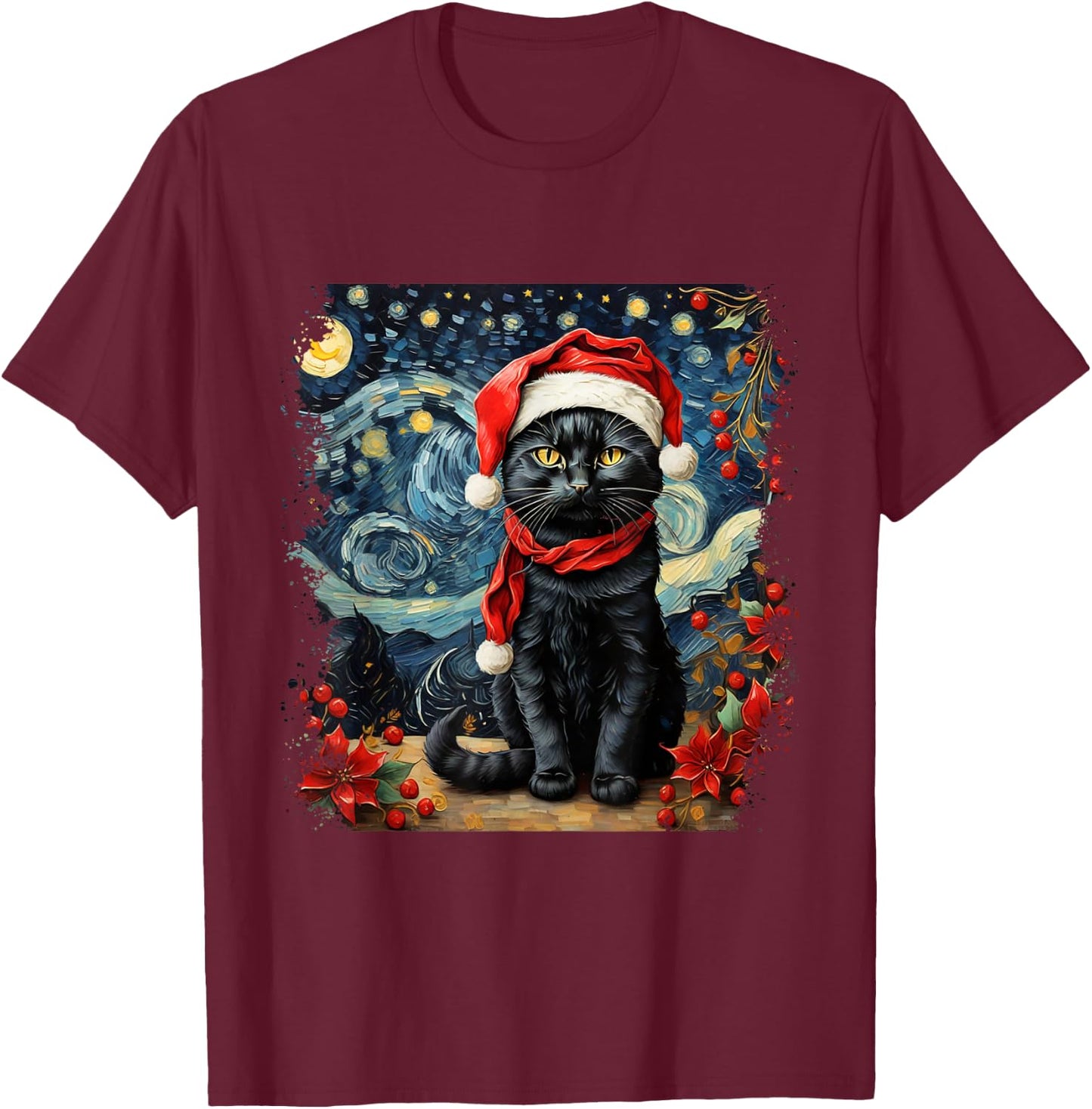 Van Gogh Starry Night Cat Funny Cat Christmas T-Shirt - T-Shirt | Maroon