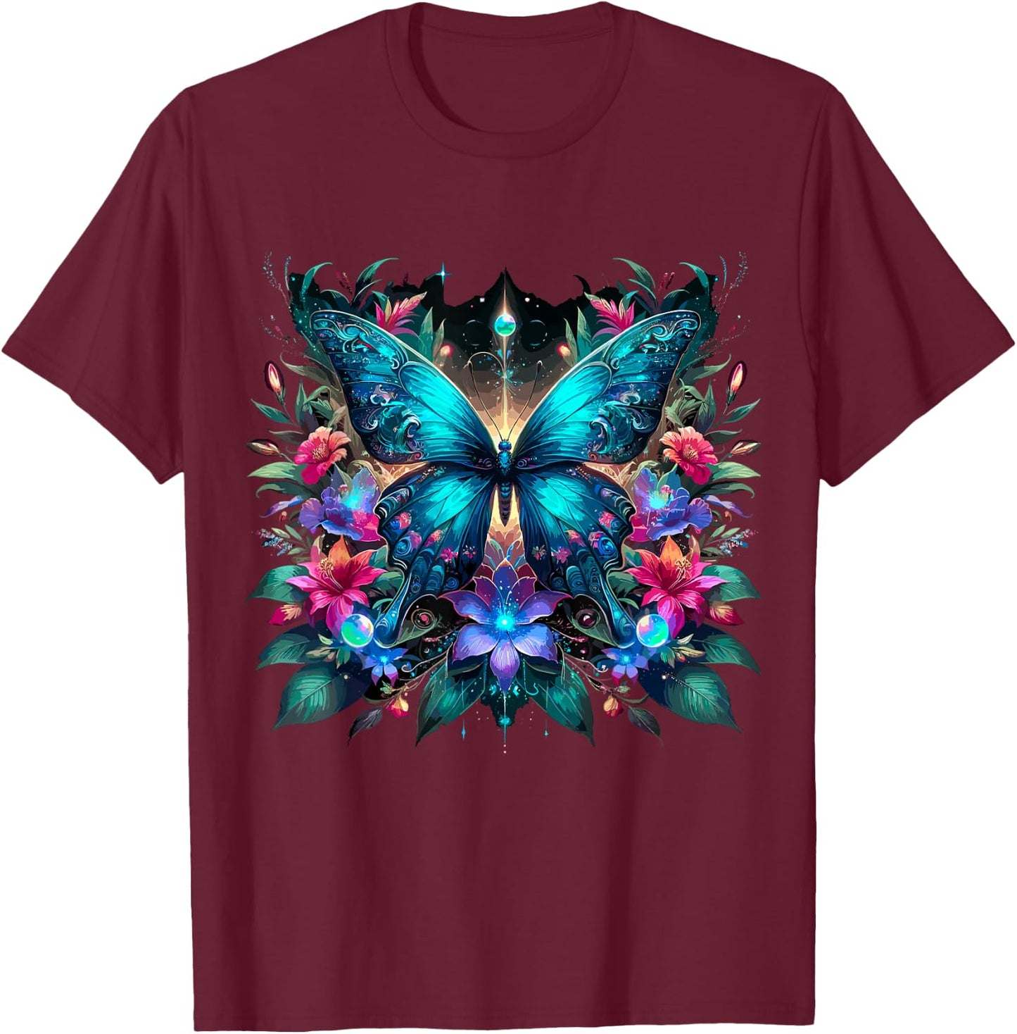 Magical Butterfly and Flowers T-Shirt - T-Shirt | Maroon