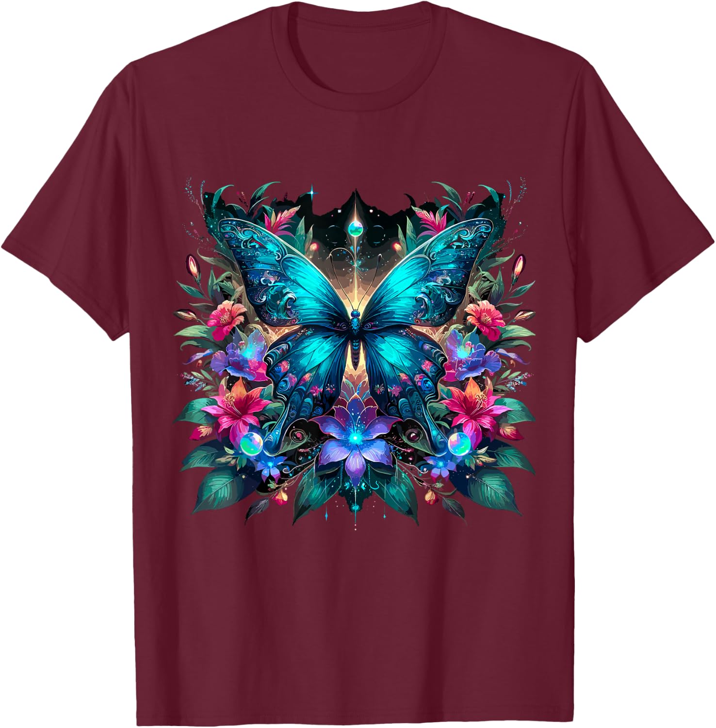 Magical Butterfly and Flowers T-Shirt - T-Shirt | Maroon