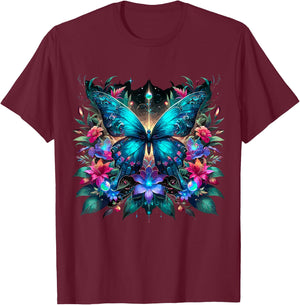 Magical Butterfly and Flowers T-Shirt - T-Shirt | Maroon