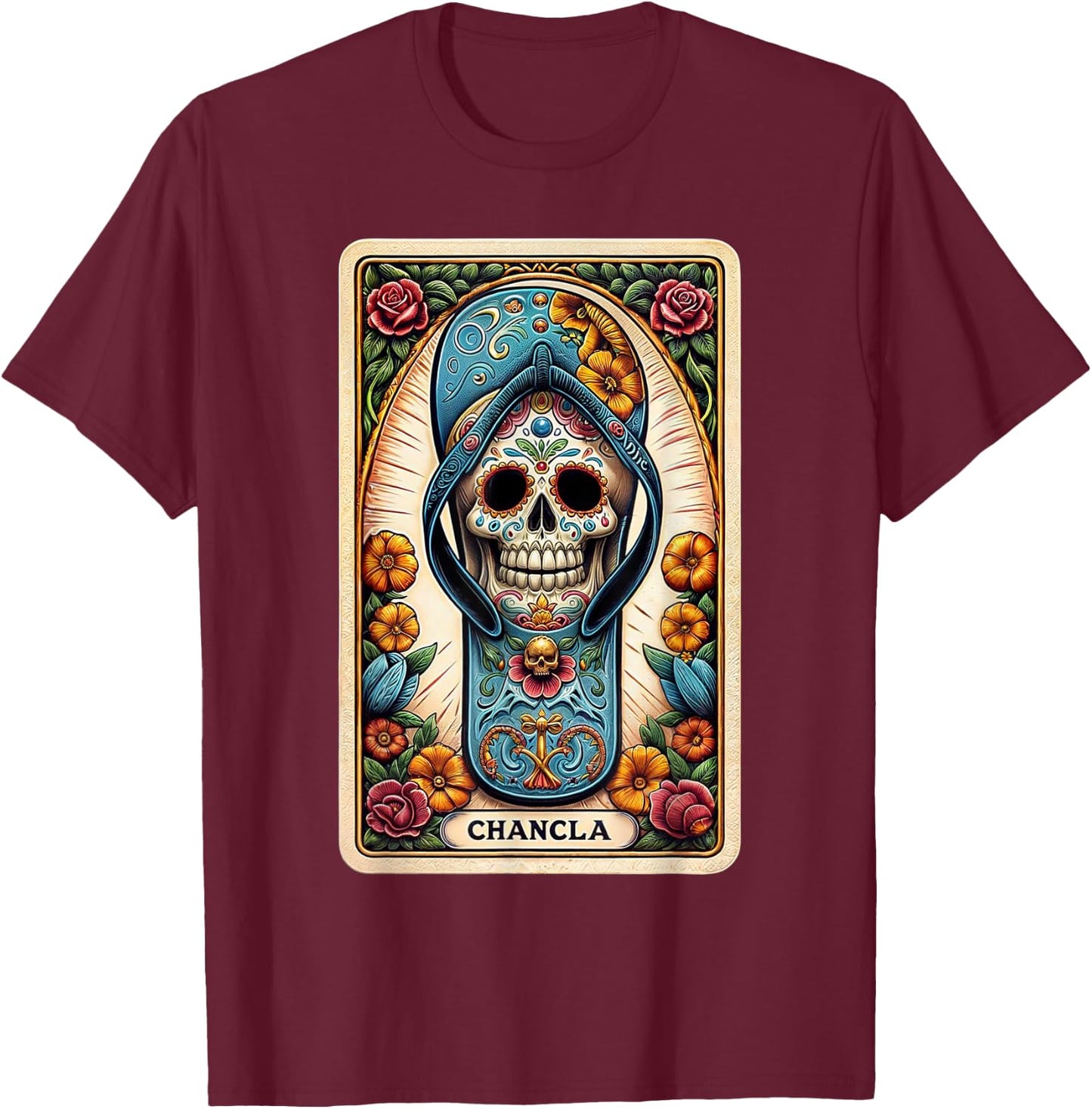 La Chancla Flip Flop Card Funny Mexican Mom Tarot Card T-Shirt - T-Shirt | Maroon