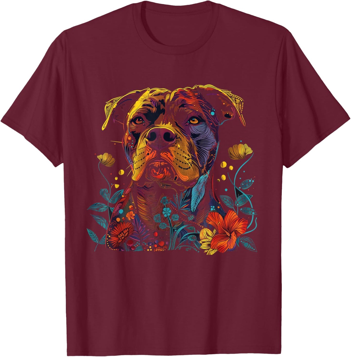 Pitbull Floral Dog Lover Vintage Flower Art Pitbull Mom Dad T-Shirt - T-Shirt | Maroon