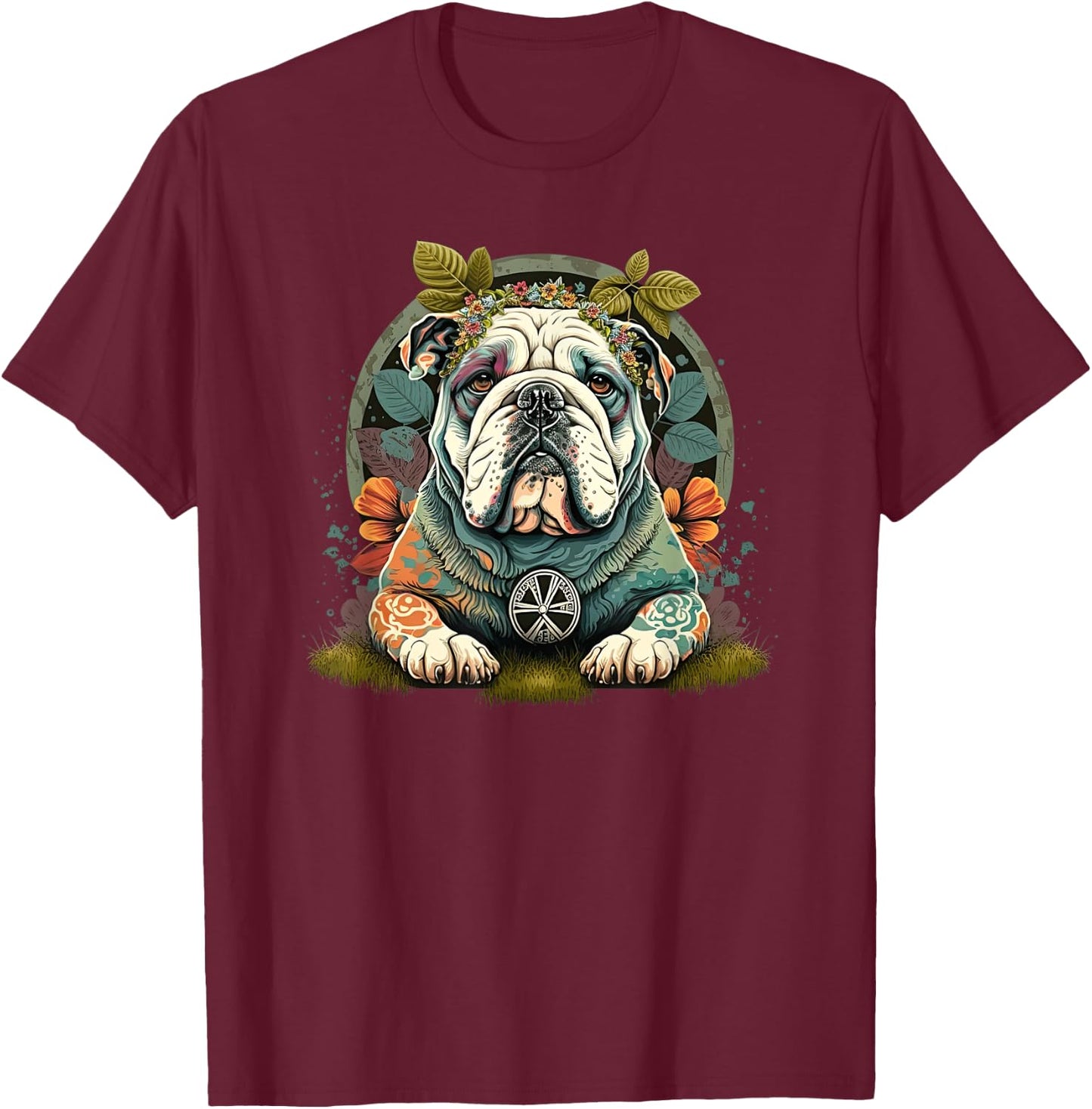 Funny Bulldog Dog Hippie T-Shirt - T-Shirt | Maroon