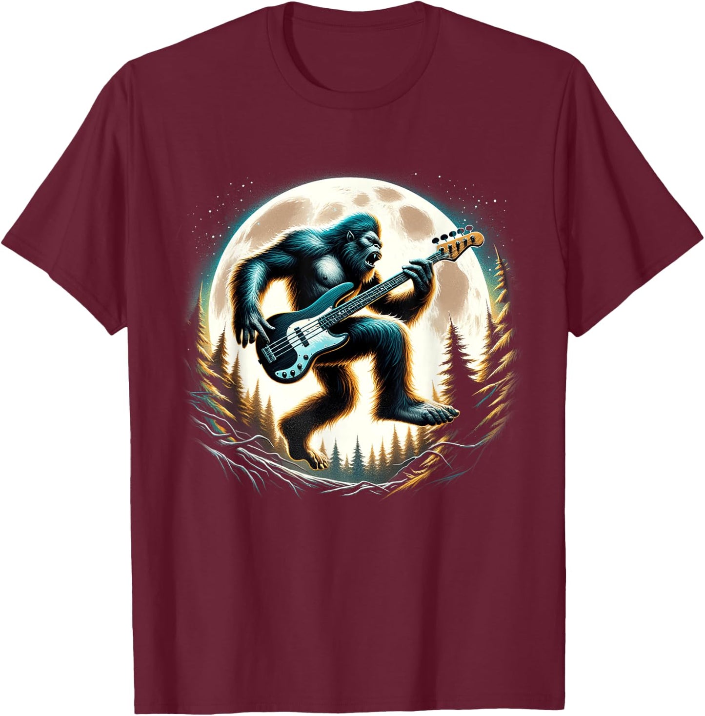 Sasquatch Bigfoot Playing Bass Guitar Full Moon Rockstar T-Shirt - T-Shirt | Maroon