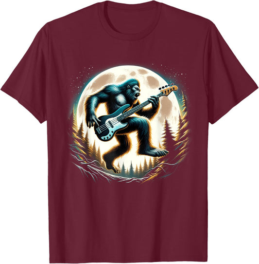 Sasquatch Bigfoot Playing Bass Guitar Full Moon Rockstar T-Shirt - T-Shirt | Maroon