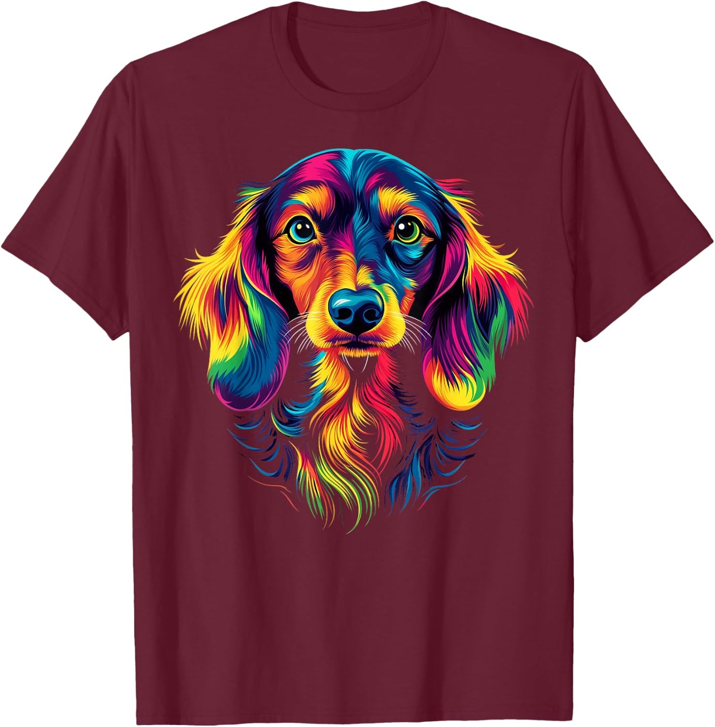 Colorful Long-Haired Dachshund Doxie Wiener Dog Lover Black T-Shirt - T-Shirt | Maroon