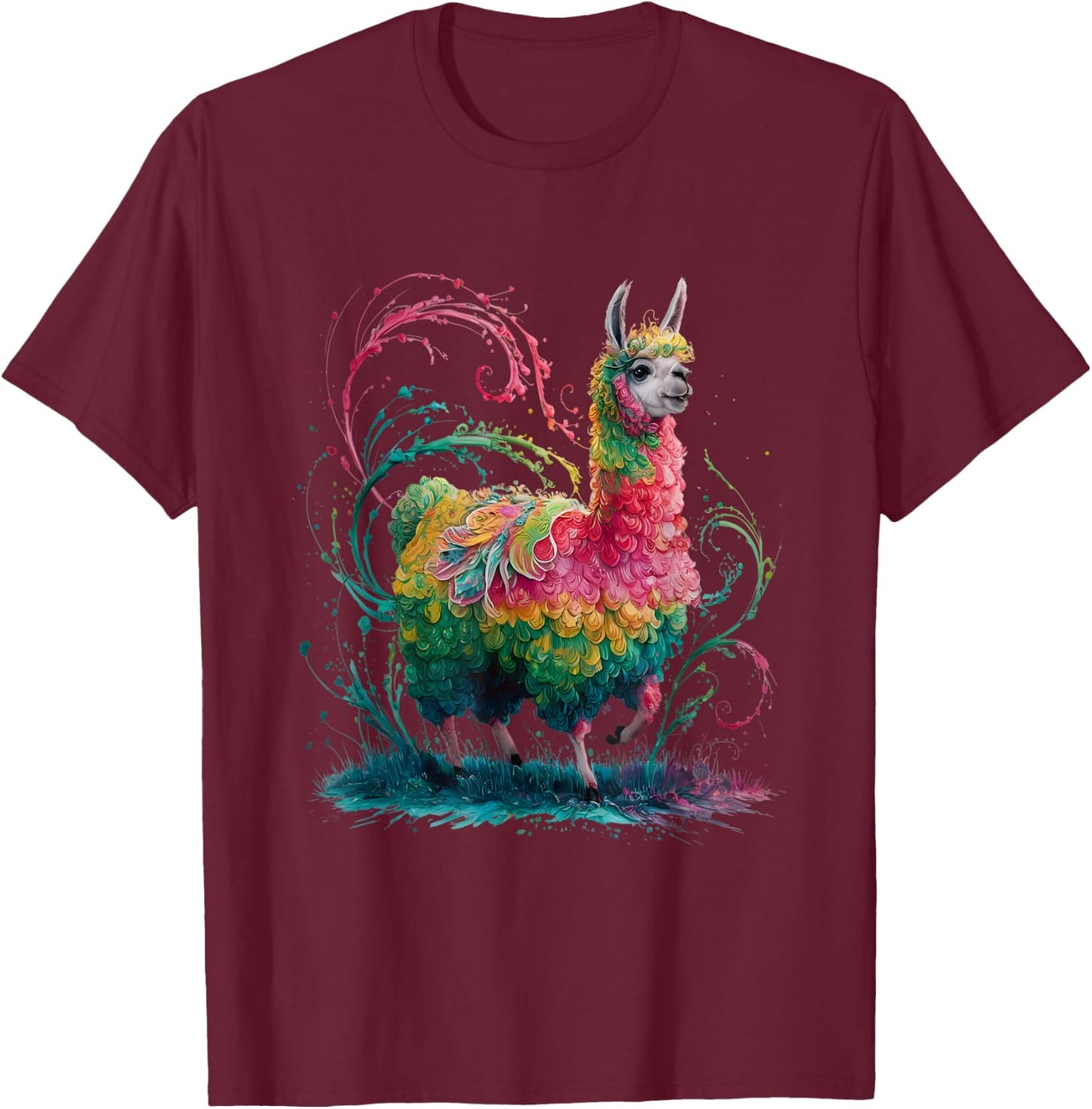 Lama Men's Women's Colourful Watercolour Llama T-Shirt - T-Shirt | Maroon