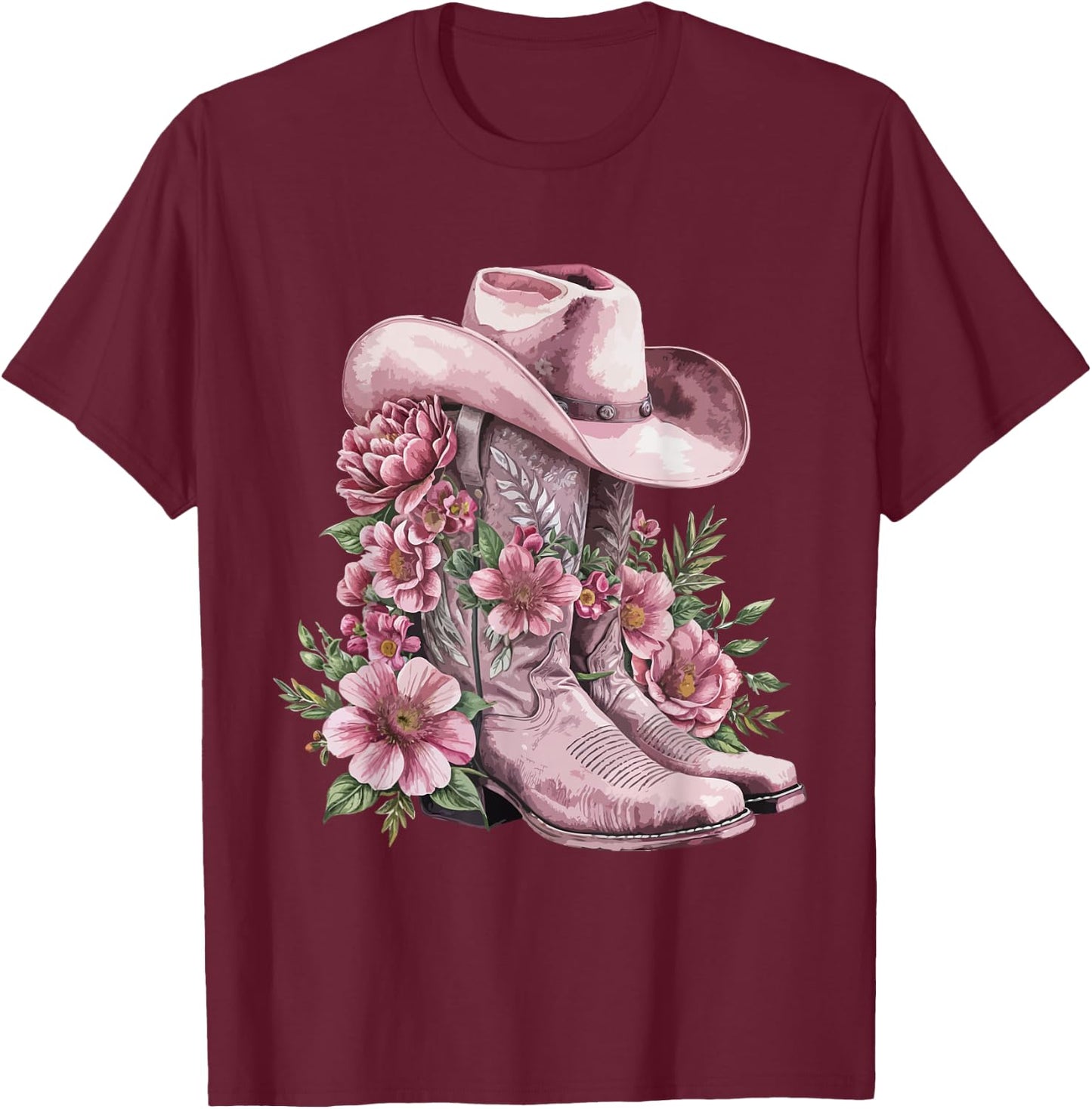 Watercolor Cowgirl Floral Boots Hat Western Boots Boho Women T-Shirt - T-Shirt | Maroon