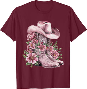 Watercolor Cowgirl Floral Boots Hat Western Boots Boho Women T-Shirt - T-Shirt | Maroon