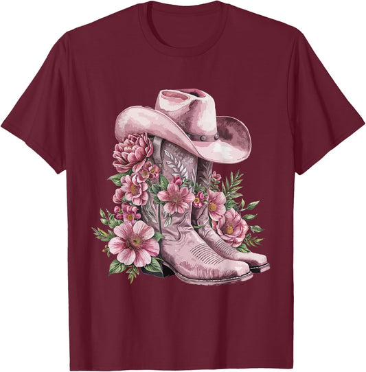 Watercolor Cowgirl Floral Boots Hat Western Boots Boho Women T-Shirt - T-Shirt | Maroon