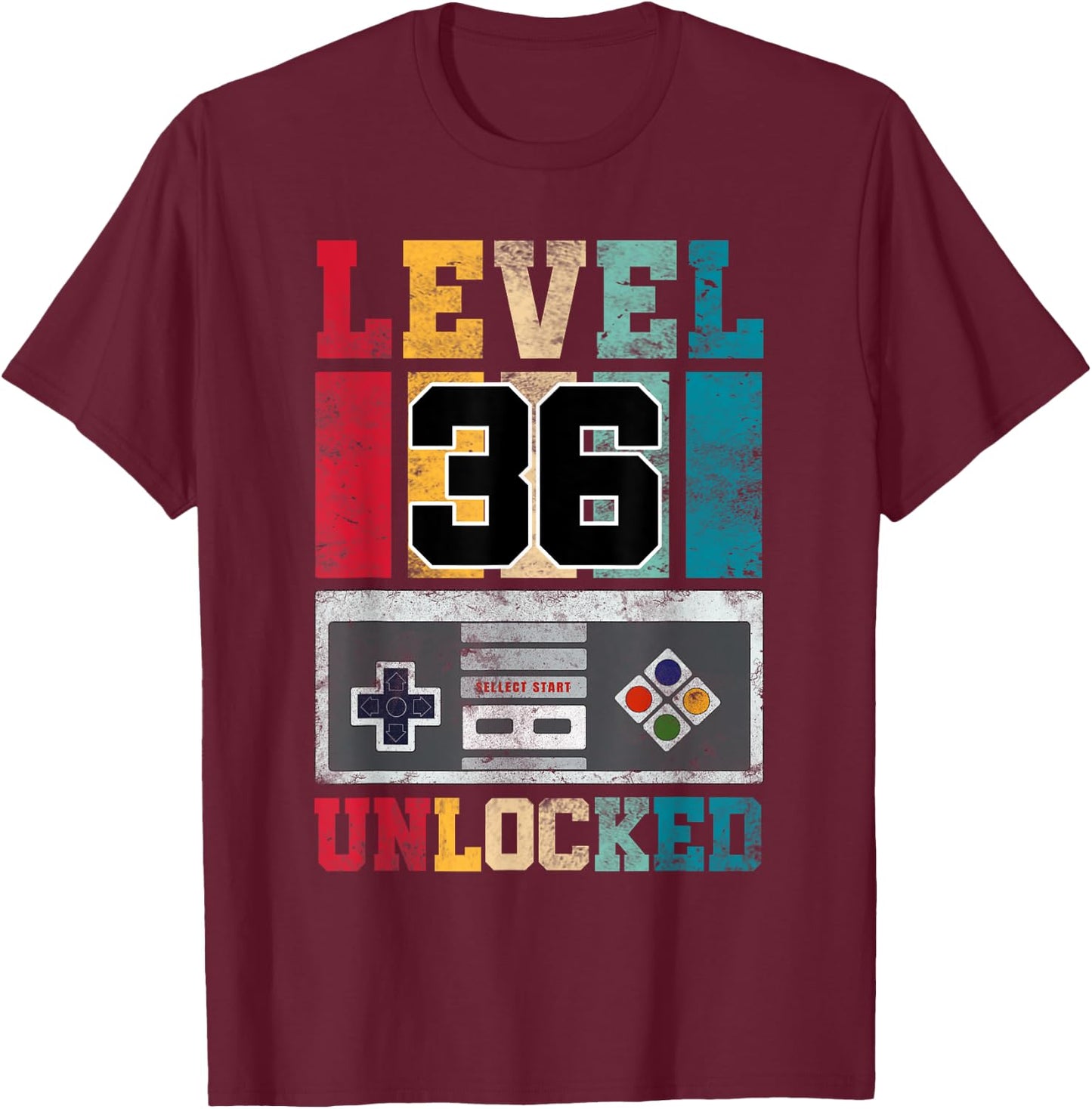 Level 36 Unlocked Gaming 36 Year Old Gamer 36th Birthday T-Shirt - T-Shirt | Maroon
