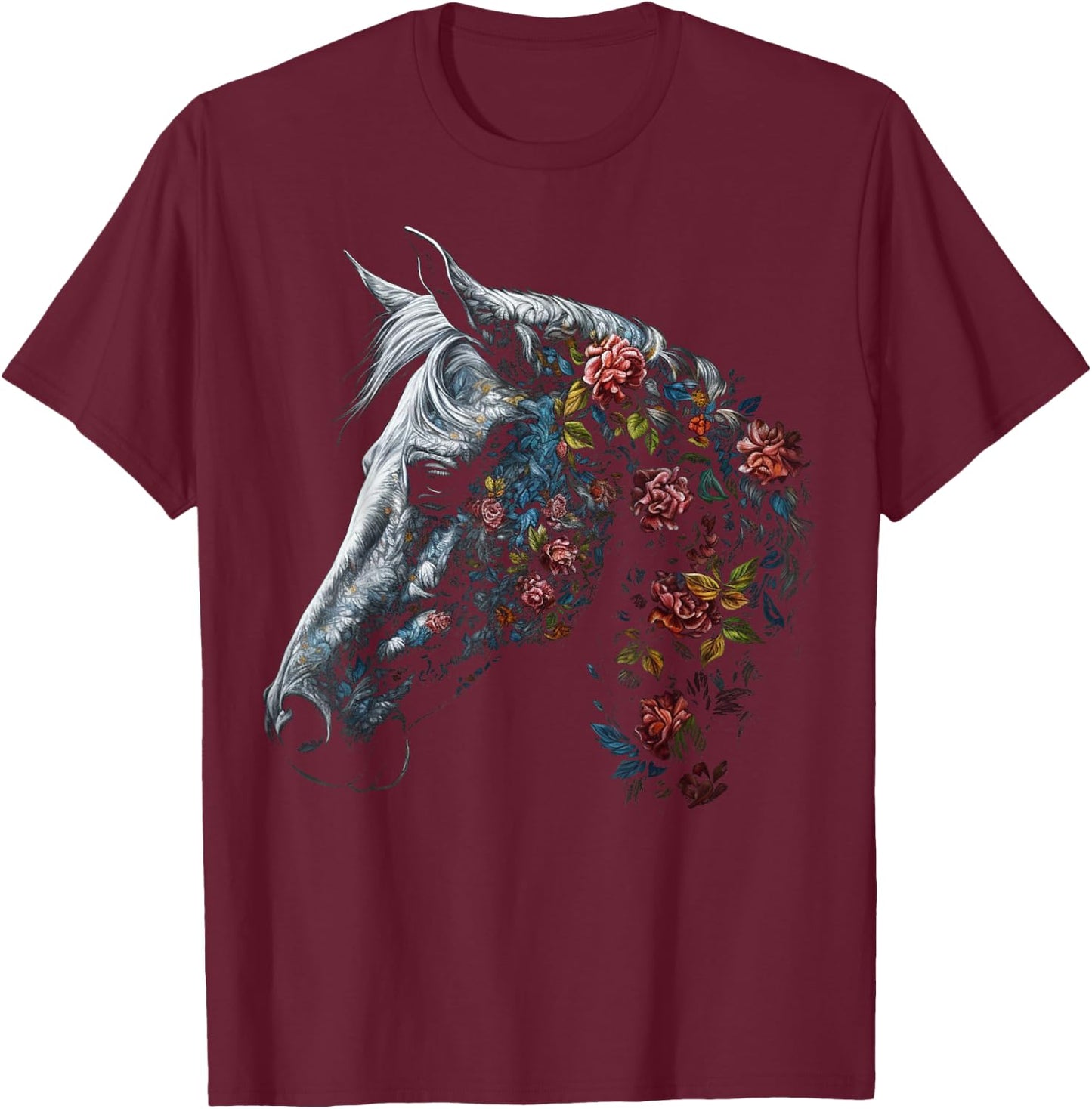 Horse Art Flowers - Horse Motif Riding Animals Horse T-Shirt - T-Shirt | Maroon
