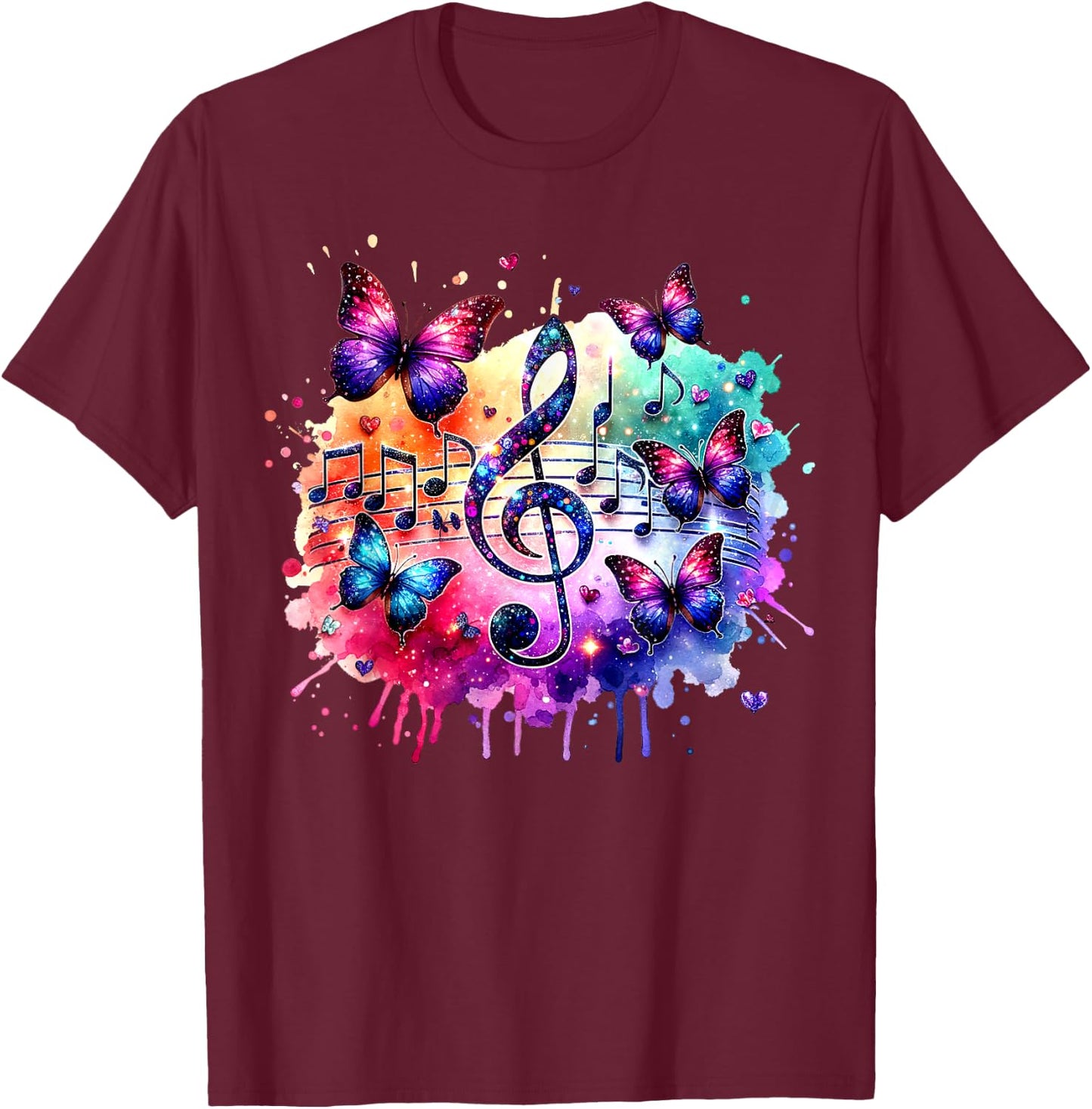 Colorful Music Notes Butterflies Musician Art Music Teacher Men Women Kids T-Shirt - T-Shirt | Maroon