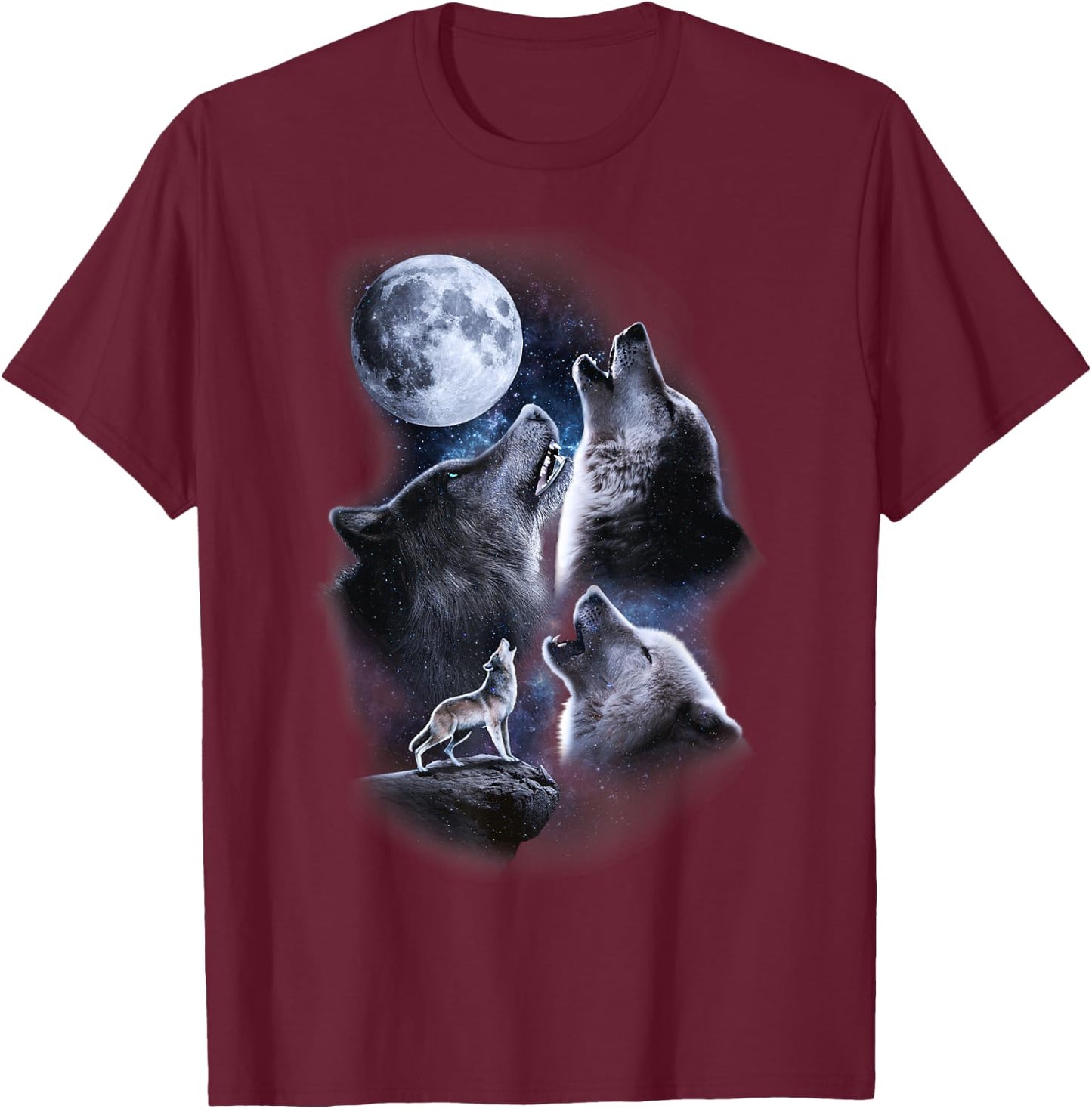 Howling wolves in the full moon moonlight with starry sky T-Shirt - T-Shirt | Maroon