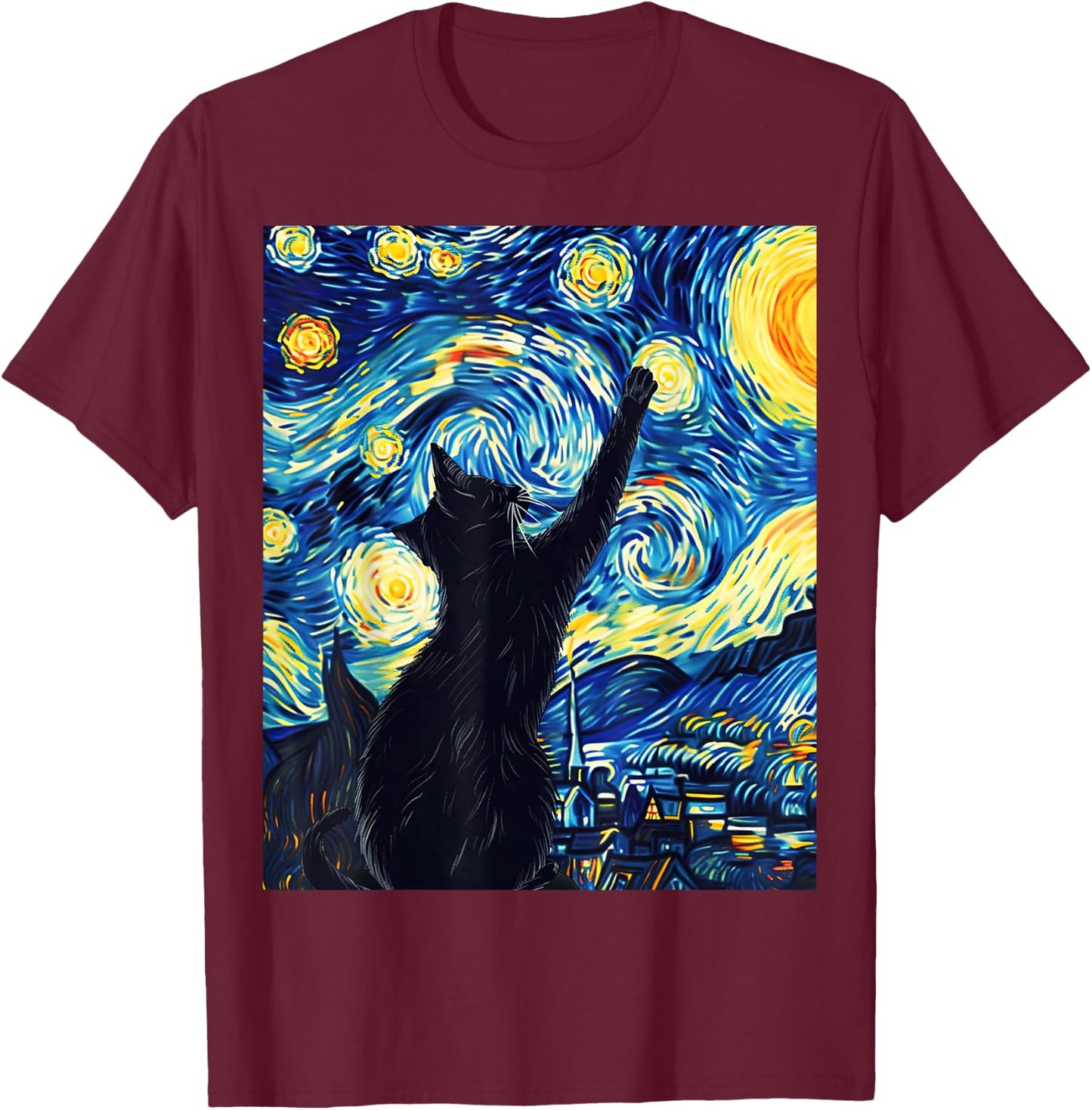 Van Gogh Style Starry Night Cute Cat Art T-Shirt - T-Shirt | Maroon