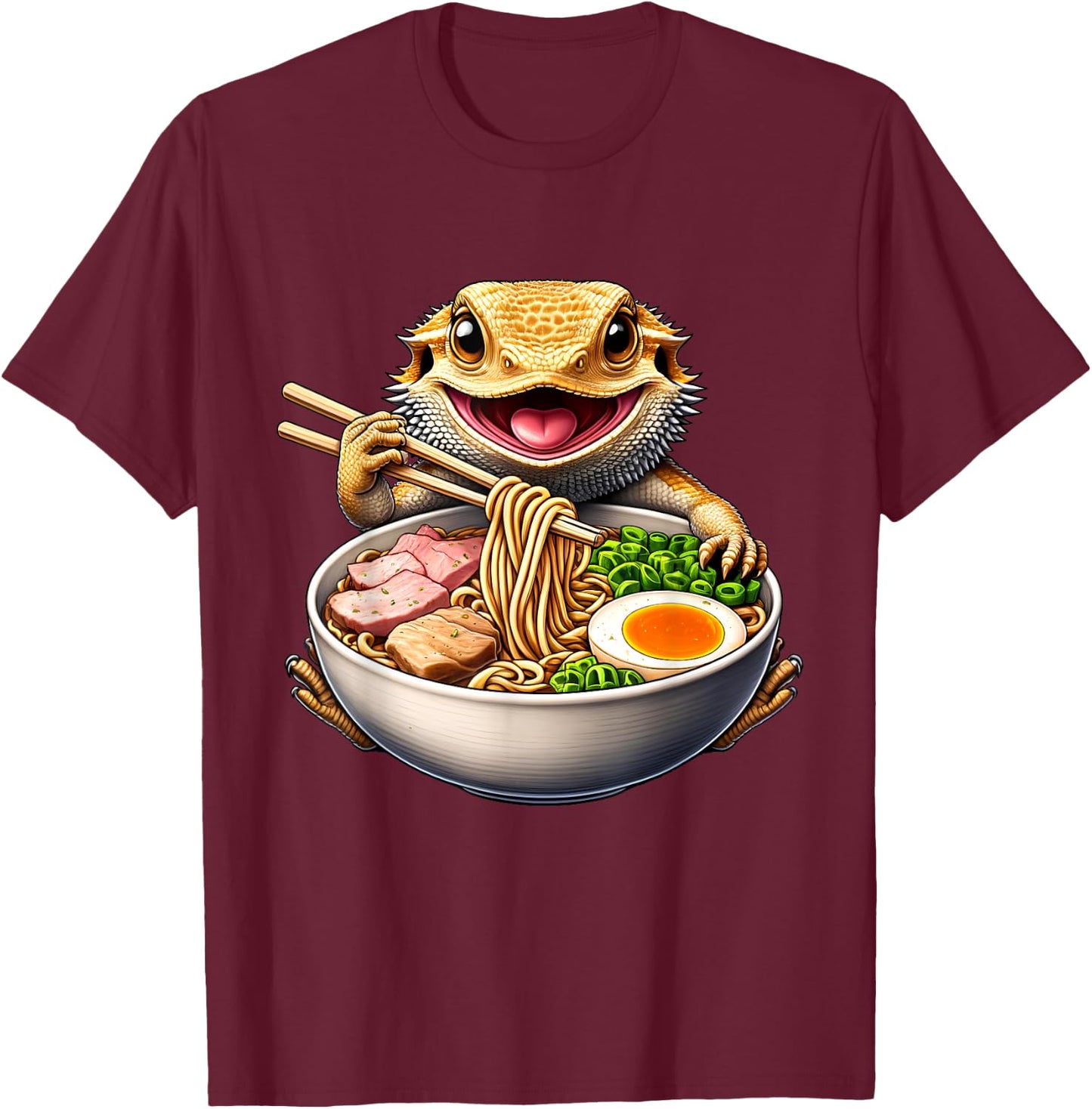 Bearded Dragon Eating Ramen Noodle Kawaii Japanese Food T-Shirt - T-Shirt | Maroon
