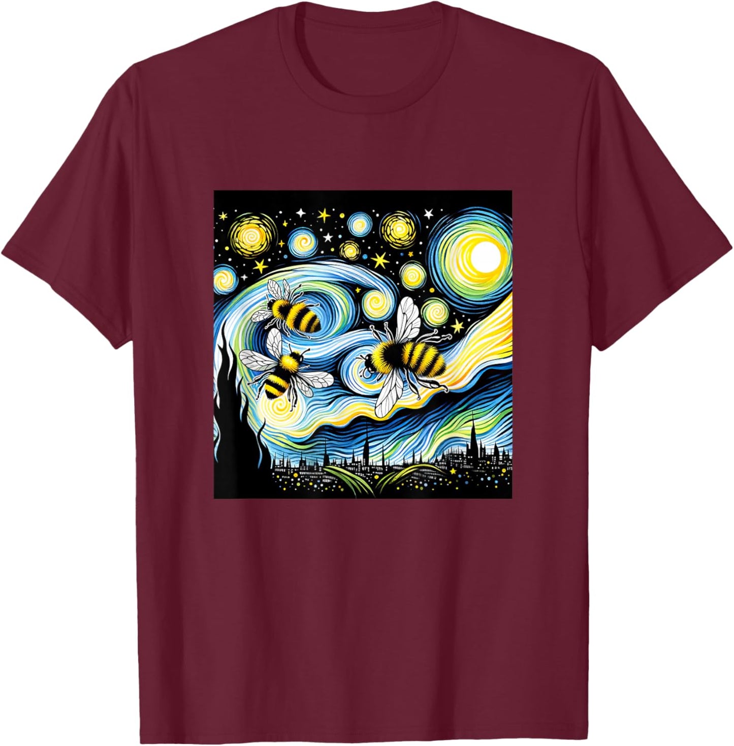 Bee Van Gogh Starry Night Art Painting Vintage T-Shirt - T-Shirt | Maroon