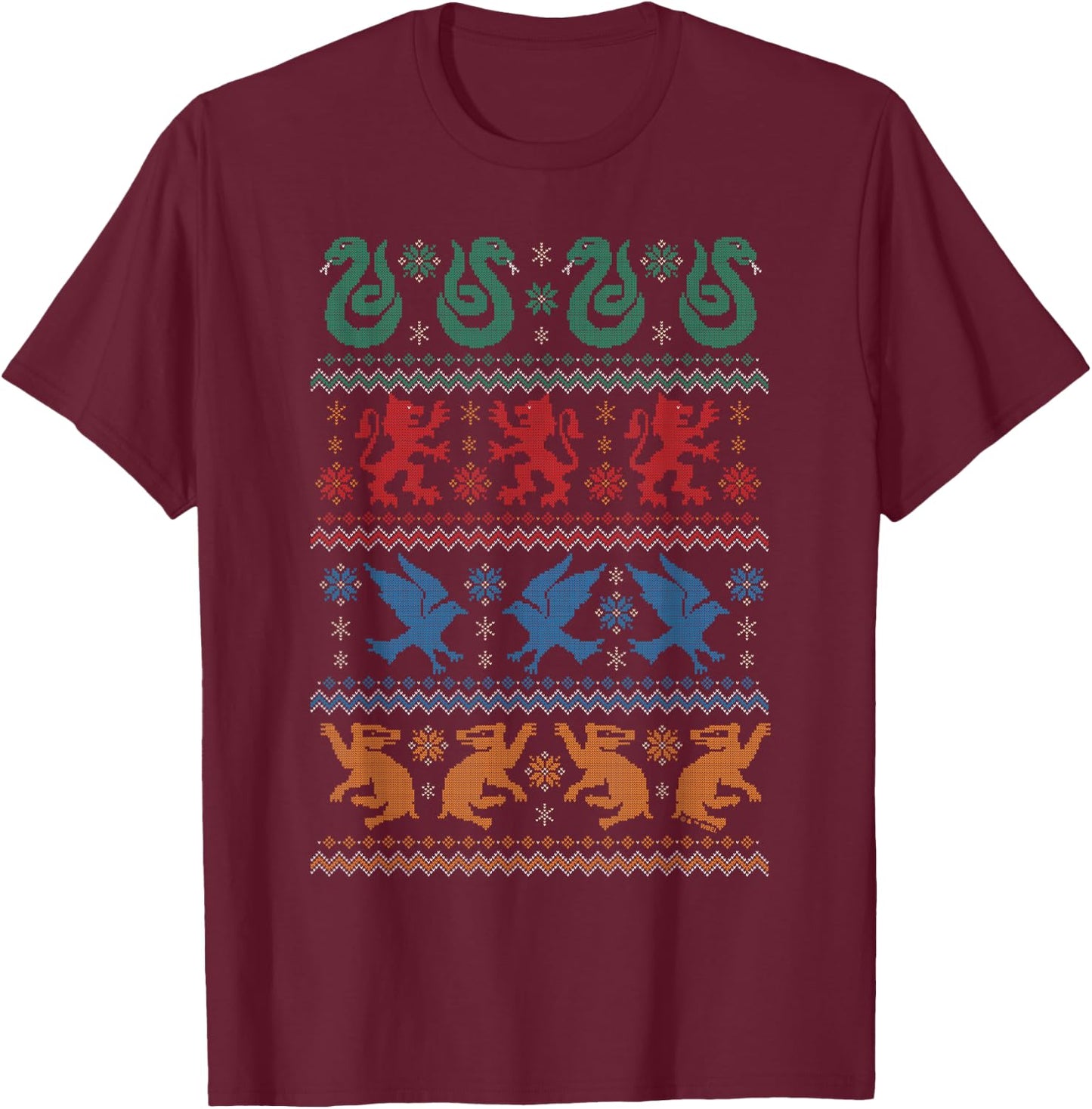 Harry Potter Hogwarts Houses Fair Isle Christmas T-Shirt - T-Shirt | Maroon