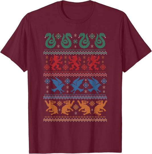 Harry Potter Hogwarts Houses Fair Isle Christmas T-Shirt - T-Shirt | Maroon