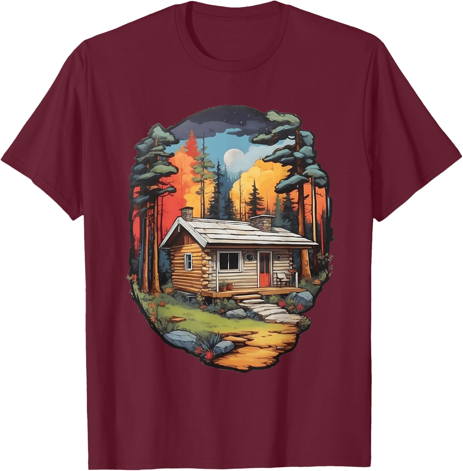 Tranquil Forest Log Cabin - Colorful Woods Scene T-Shirt - T-Shirt | Maroon