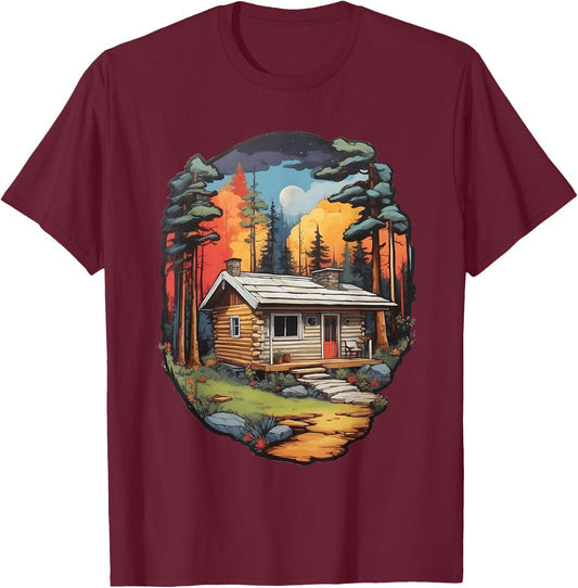 Tranquil Forest Log Cabin - Colorful Woods Scene T-Shirt - T-Shirt | Maroon