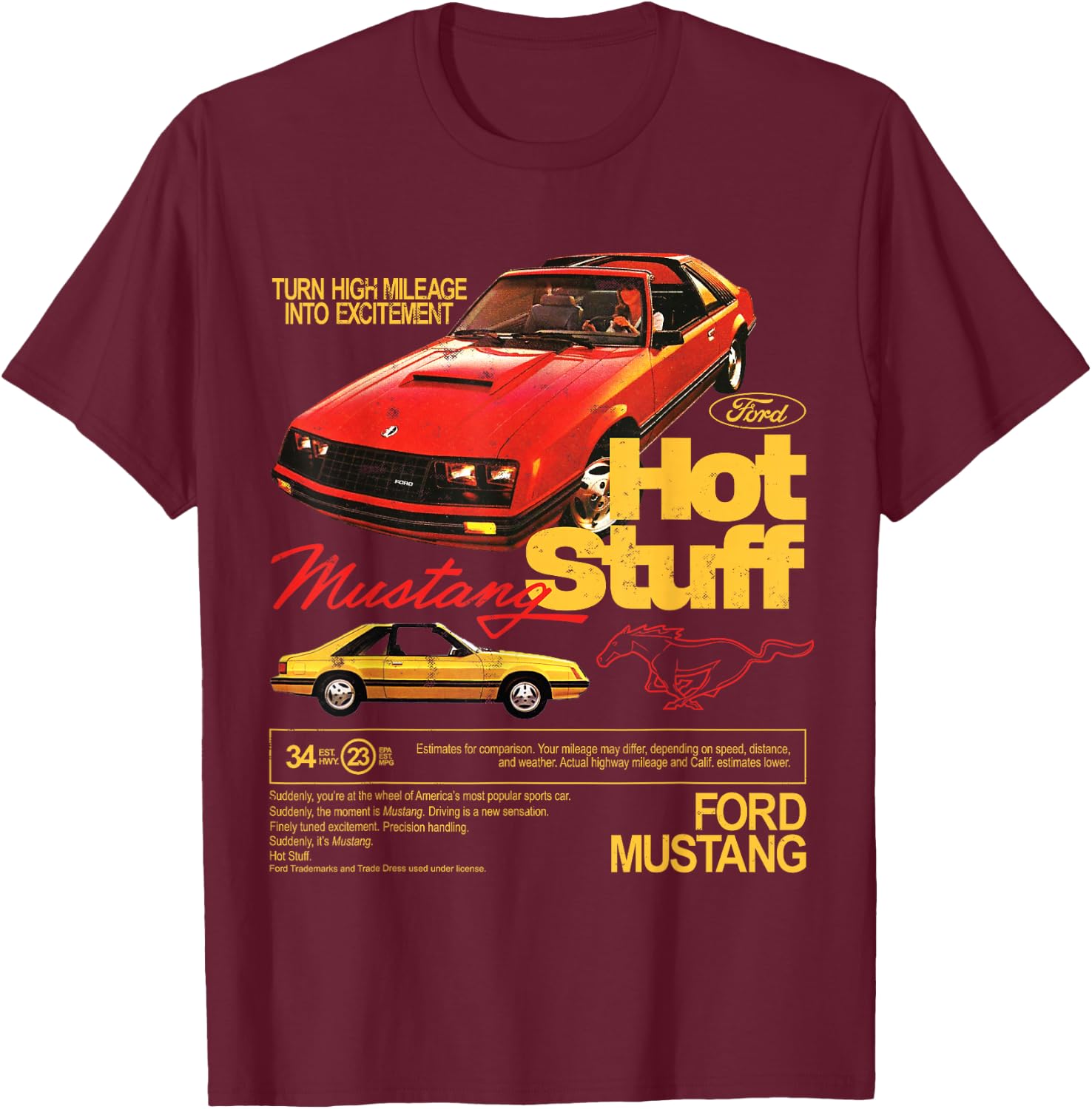 Ford - Mustang 1981 Hot Stuff with Pony Logo T-Shirt - T-Shirt | Maroon