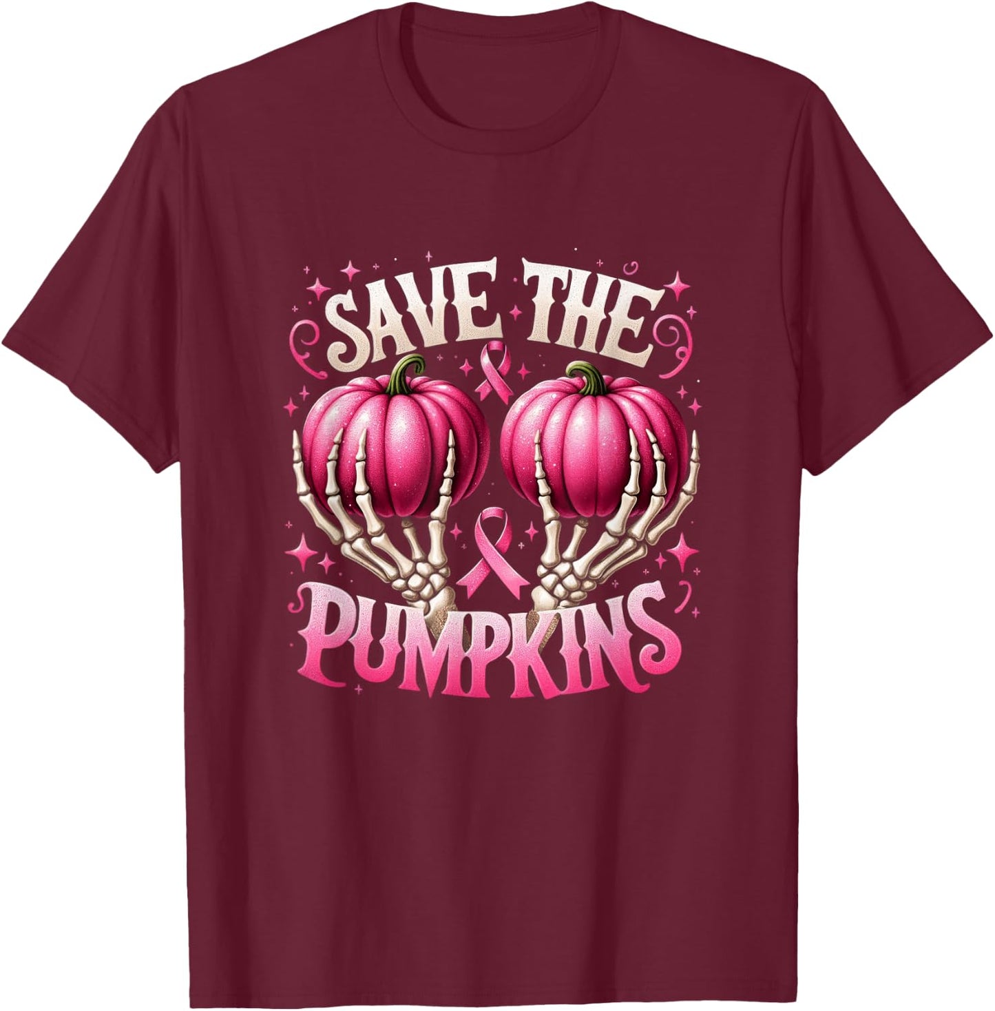 Save The Pumpkins Breast Cancer Awareness Skeleton Halloween T-Shirt - T-Shirt | Maroon