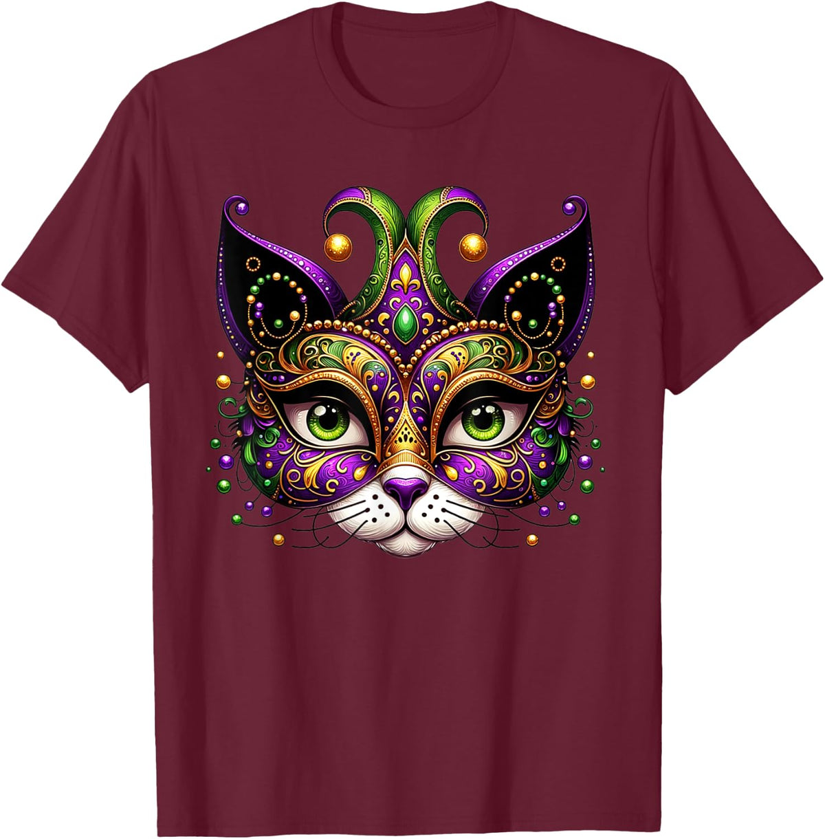 Meowdy Gras Cat Kitten Masquerade Mardi Gras Beads Women T-Shirt - T-Shirt | Maroon
