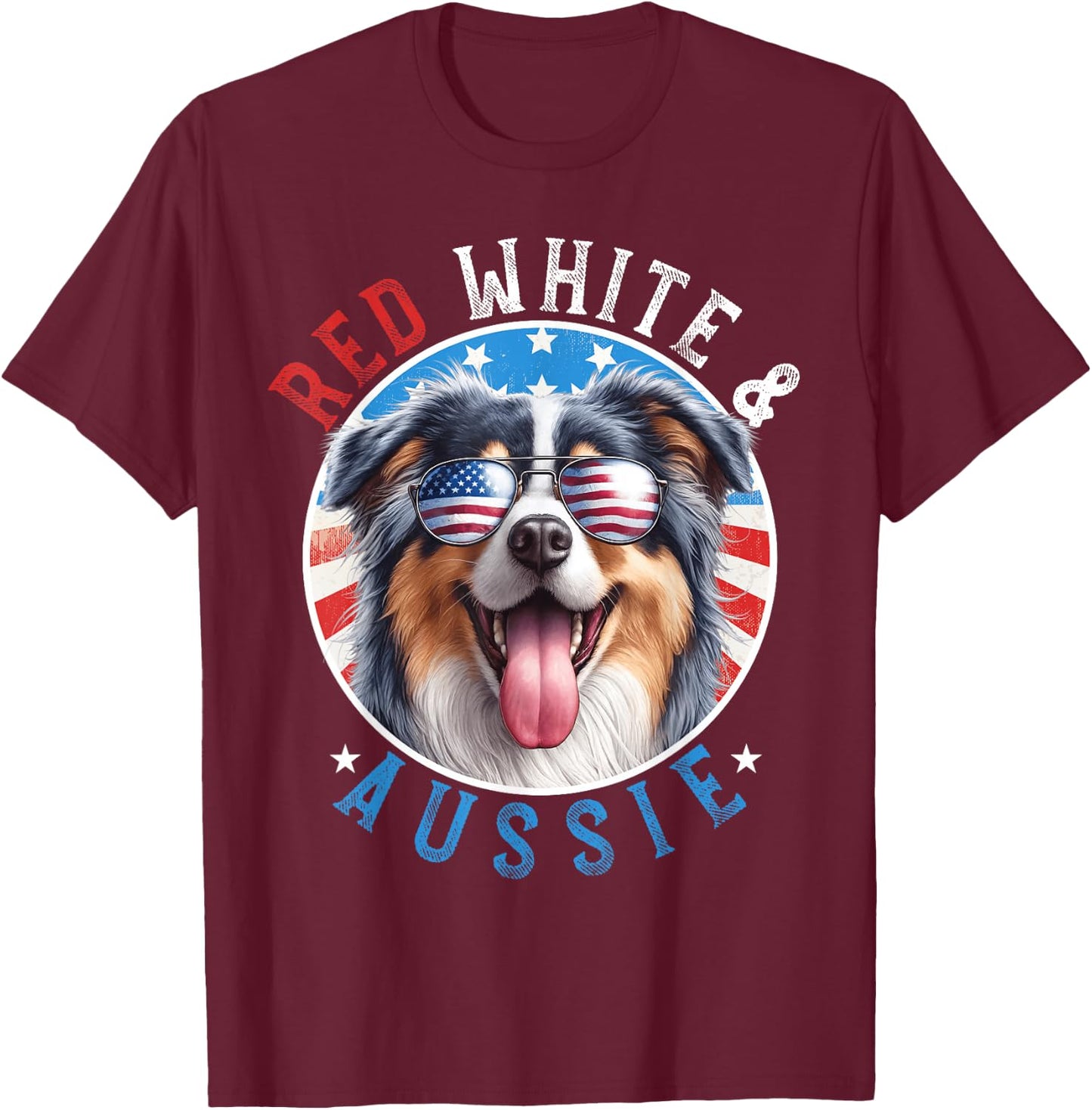 Australian Shepherd Dog 4th of July Red White and Aussie Kids Men T-Shirt - T-Shirt | Maroon