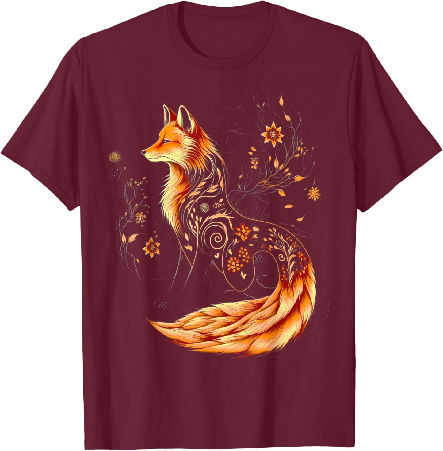 Floral Fox Flowers Art Fox in Autumn - Fall Fox T-Shirt - T-Shirt | Maroon