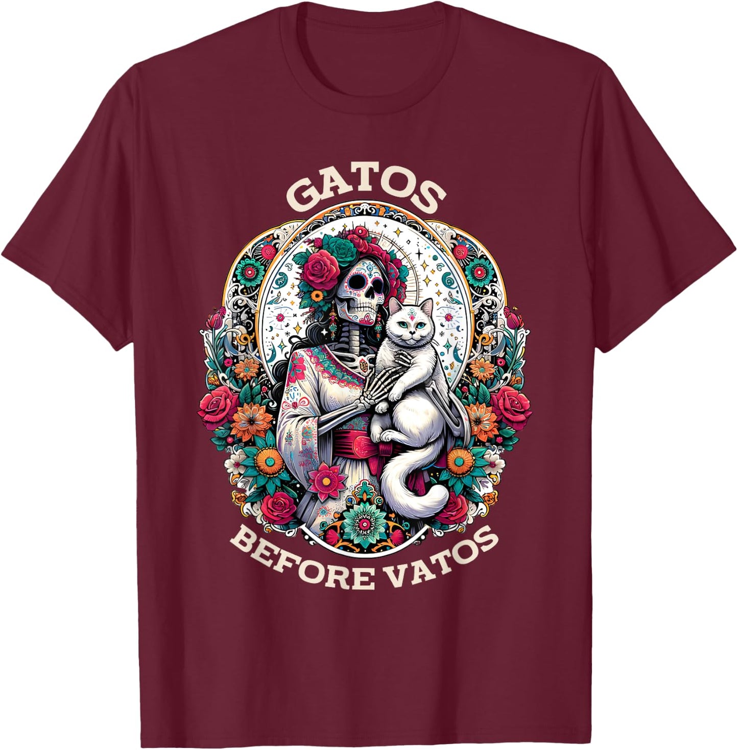 Gatos Before Vatos Tarot Card Skeleton Cat Mexican Fiesta T-Shirt - T-Shirt | Maroon