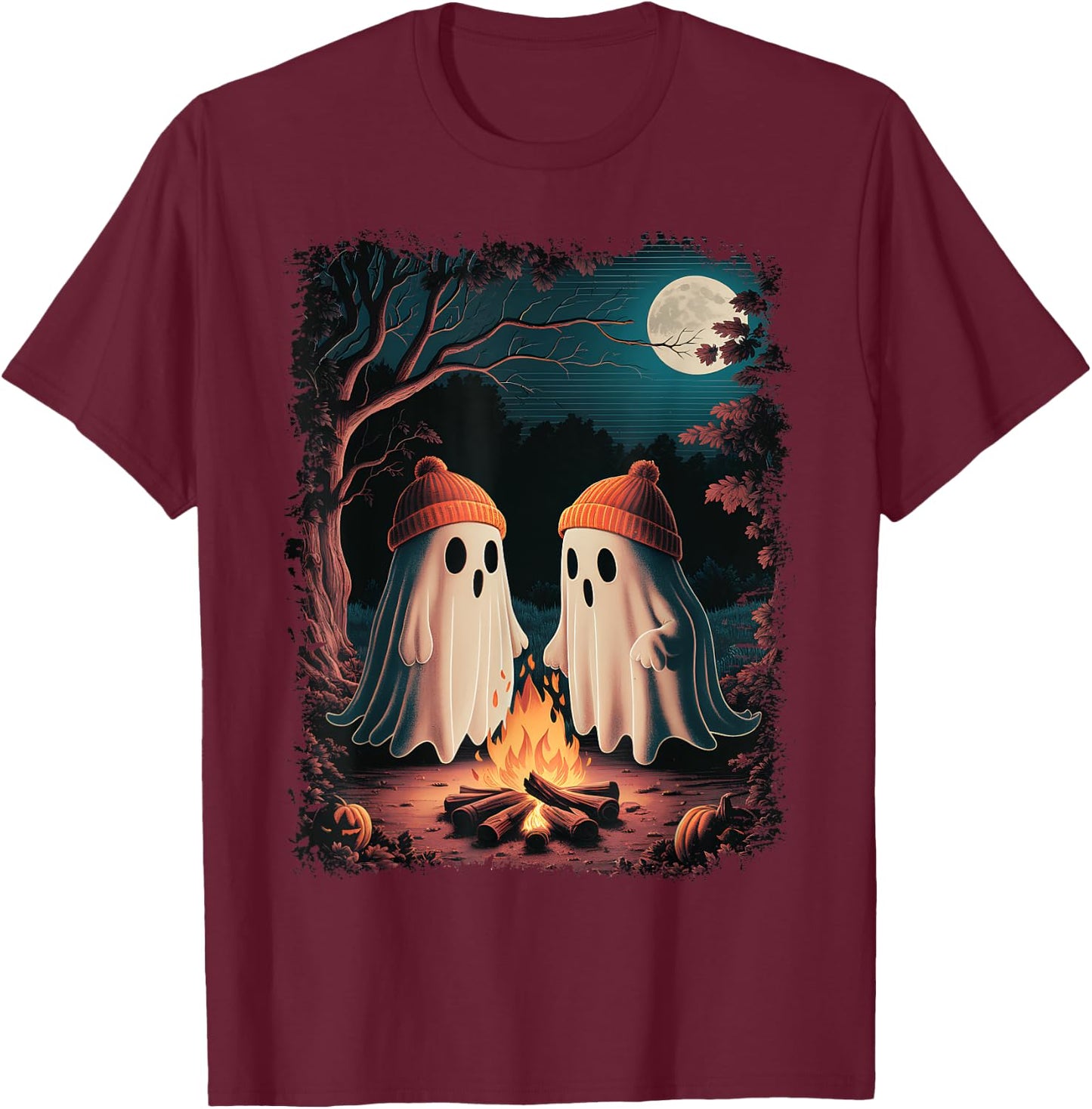 Vintage Ghost Camping Campfire Gothic Halloween Men Women T-Shirt - T-Shirt | Maroon