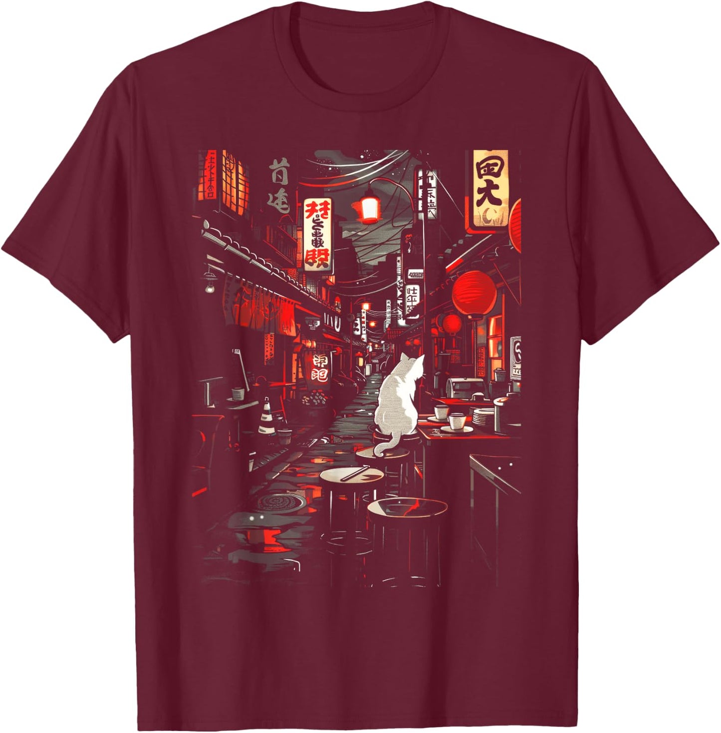 Japanese City Vintage Cat Sushi Japanese street Men Women T-Shirt - T-Shirt | Maroon