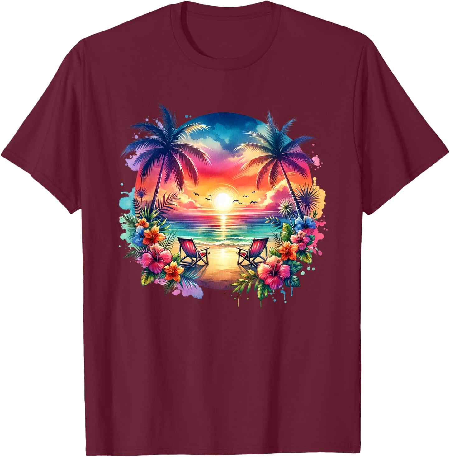 Tropical Island Beach Wave Sunset Scene T-Shirt - T-Shirt | Maroon