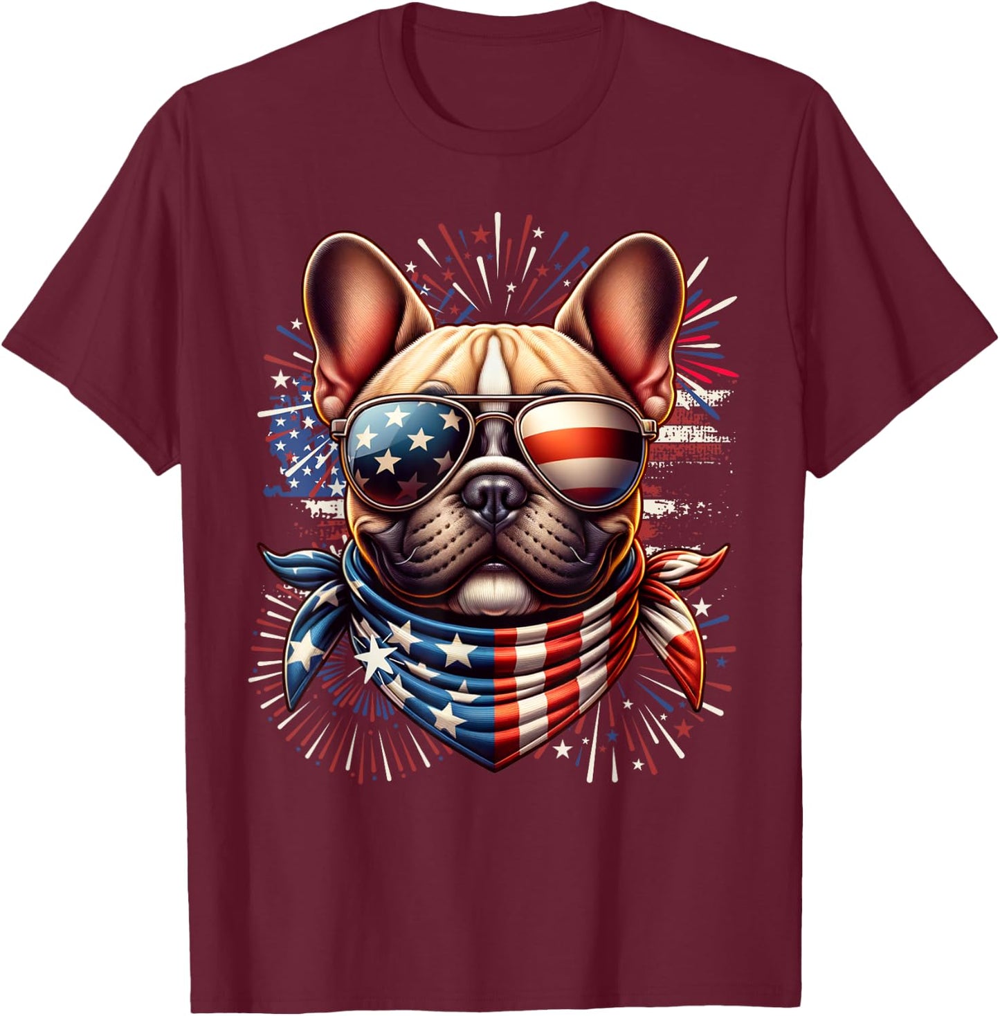 French Bulldog Patriotic 4th of July Fireworks USA Frenchie T-Shirt - T-Shirt | Maroon
