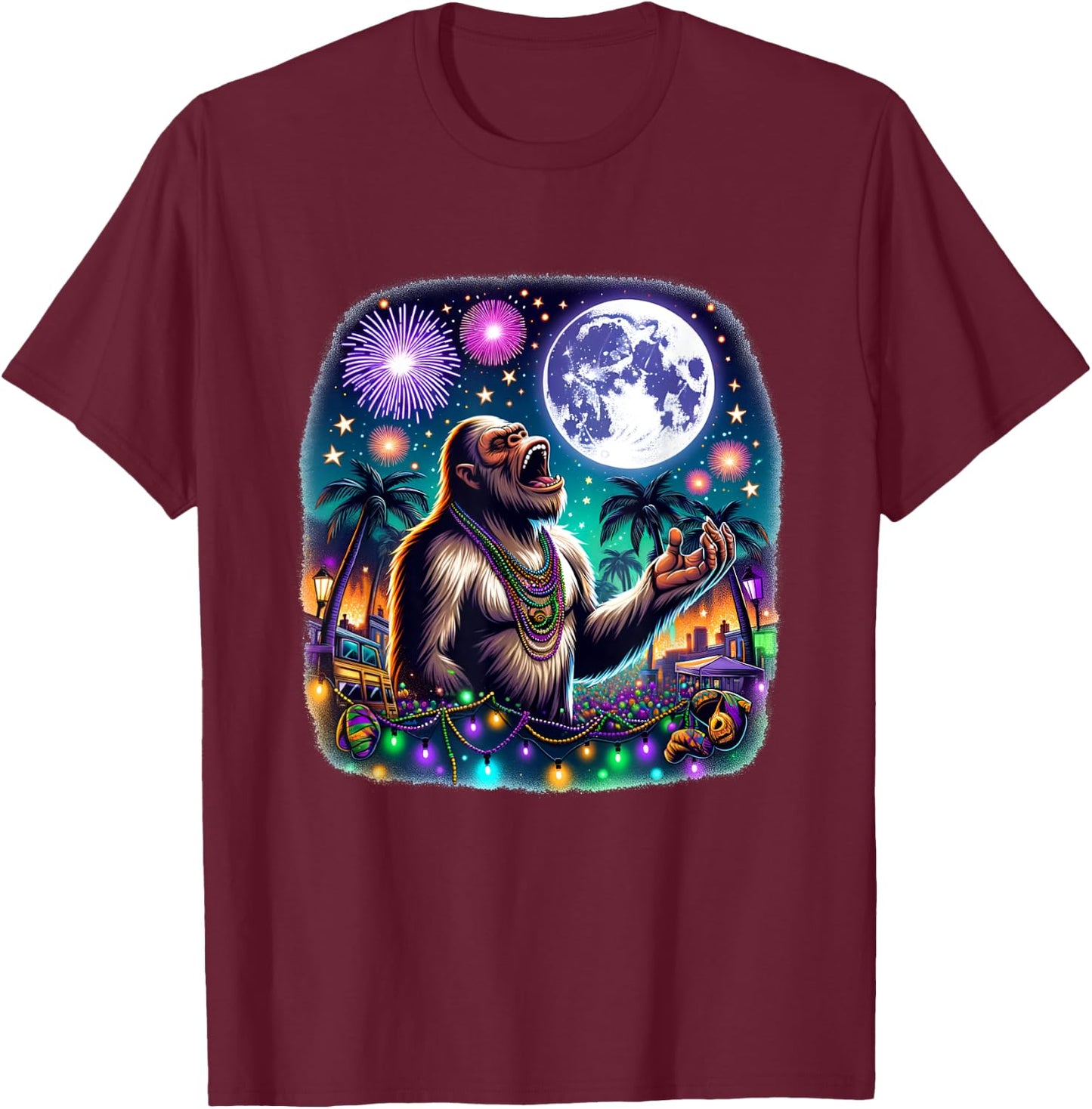 Bigfoot Meets Moon Over Mardi Gras New Orleans Fun T-Shirt - T-Shirt | Maroon