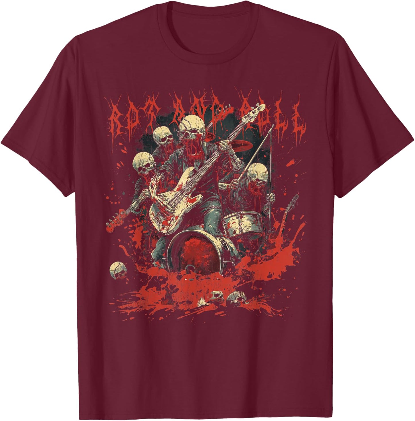 Rock and Blood Zombie Rock Band Rock n Roll Guitar T-Shirt - T-Shirt | Maroon