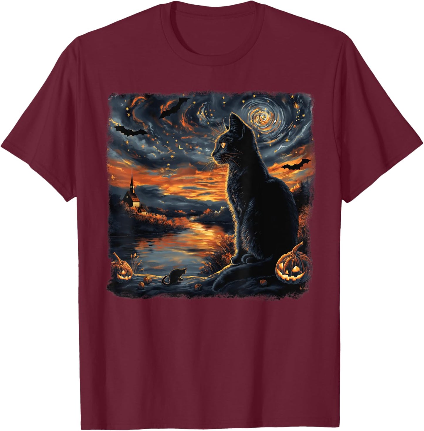 Halloween Van Gogh Starry Night Black Cat Pumpkins Bats Women Kids T-Shirt - T-Shirt | Maroon