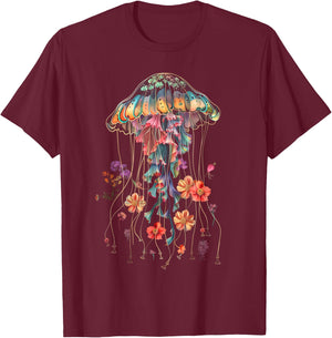 Jellyfish Flowers Vintage Floral Scuba Diving Surf T-Shirt - T-Shirt | Maroon