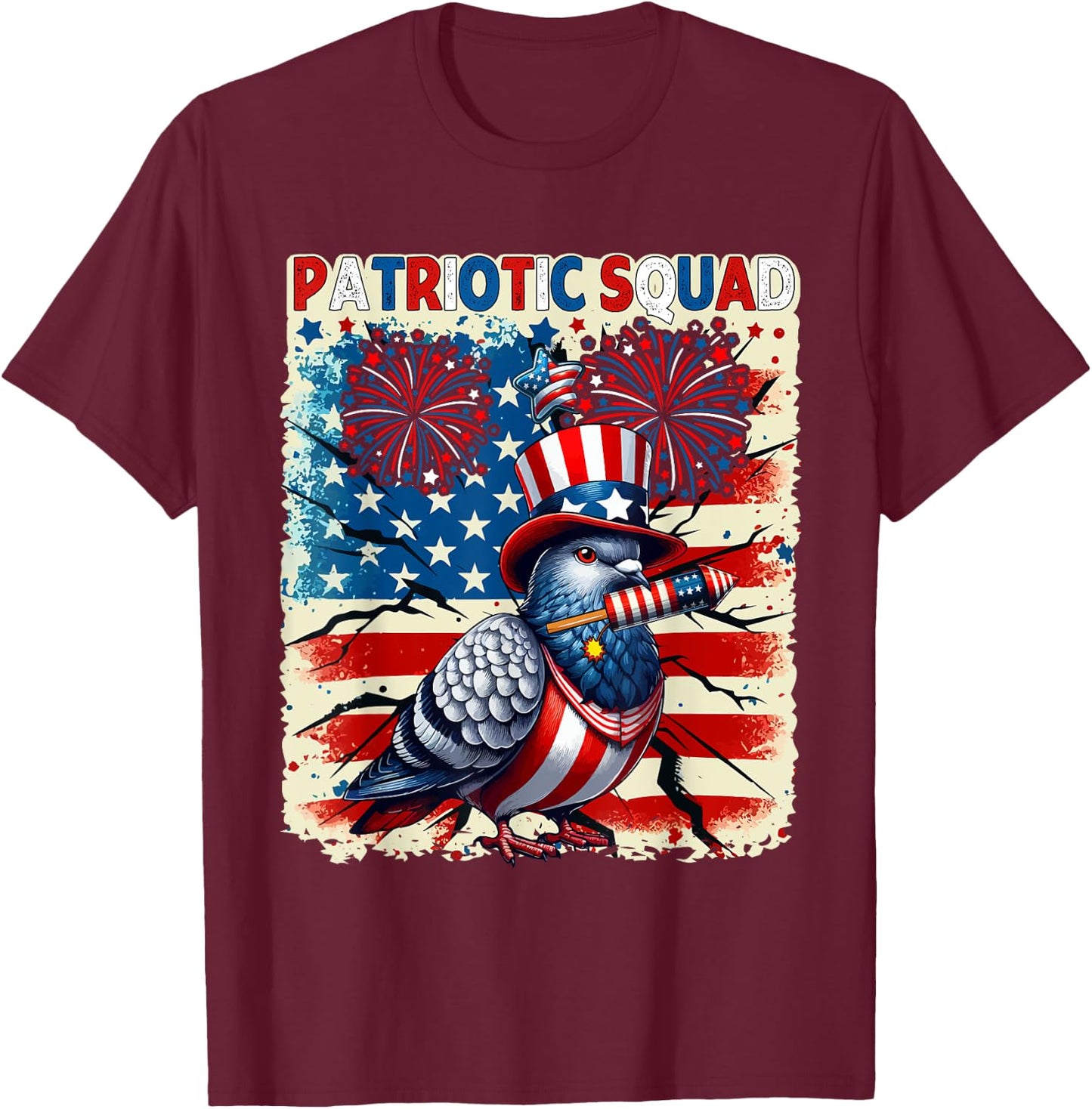 Patriotic Squad Pigeon 4th Of July Fireworks US Flag Lover T-Shirt - T-Shirt | Maroon