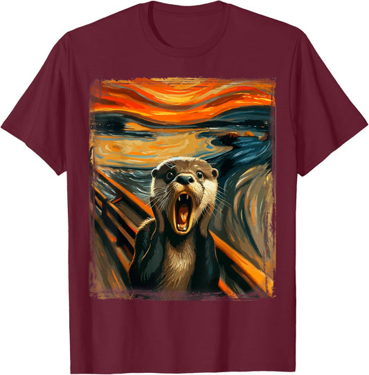 Expressionist Scream Parody Funny Animal Painting Art Otter T-Shirt - T-Shirt | Maroon