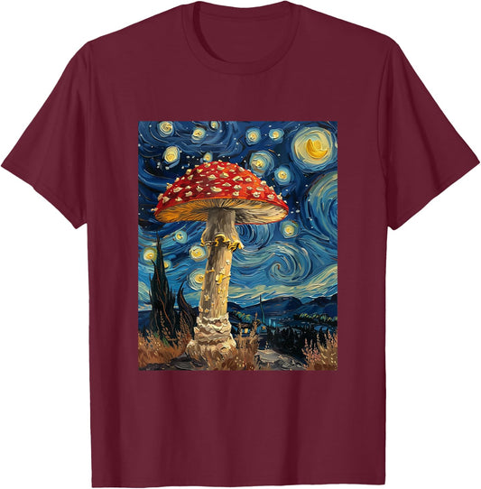 Mushroom - Van Gogh Style - Starry Night T-Shirt - T-Shirt | Maroon